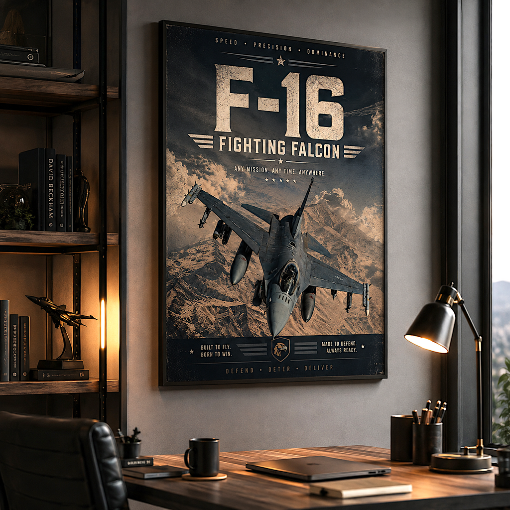 F-16 Fighting Falcon fighter jet poster - vintage military aviation wall art print for office or veteran gift