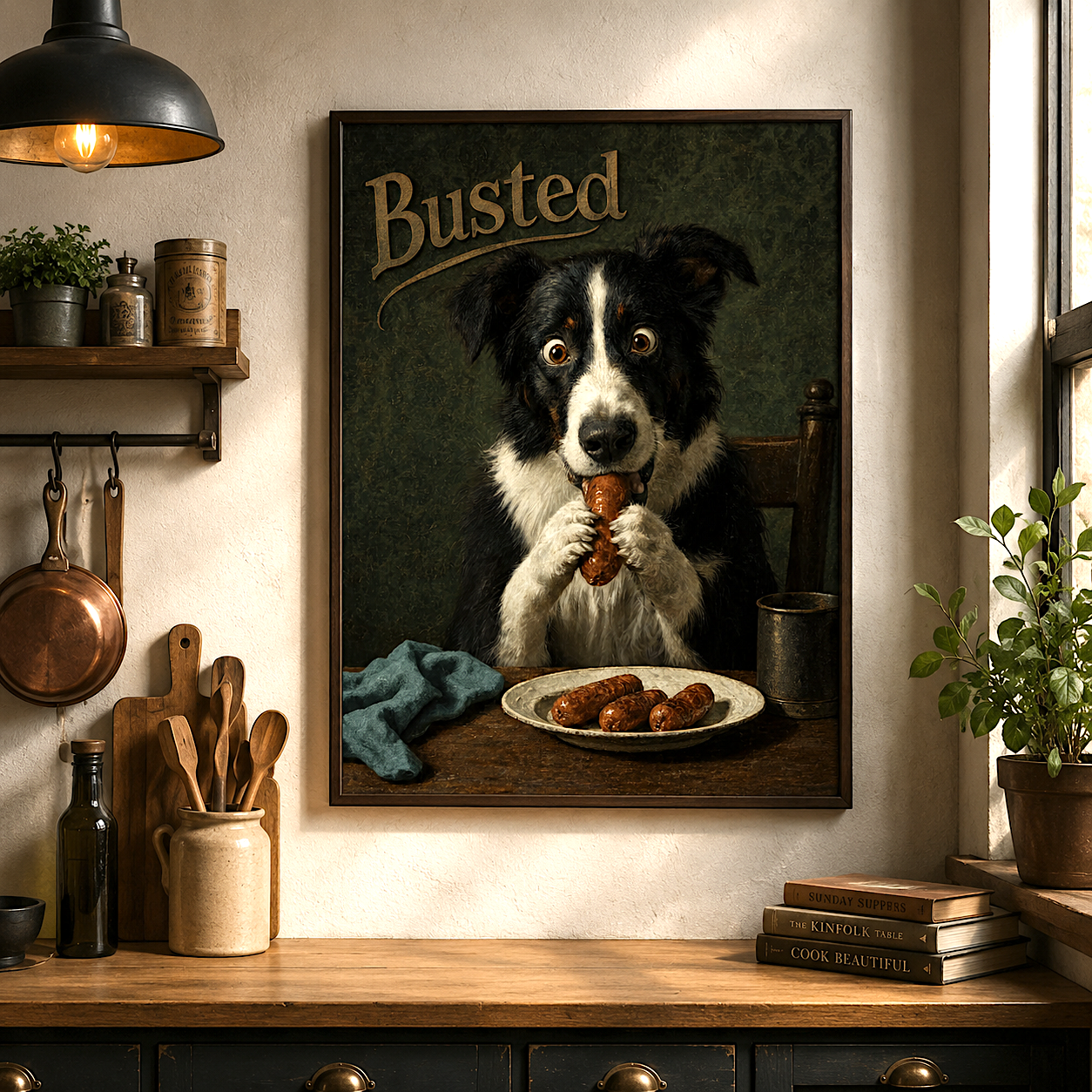 Funny dog print catching a sausage thief mid-act, dog portrait art