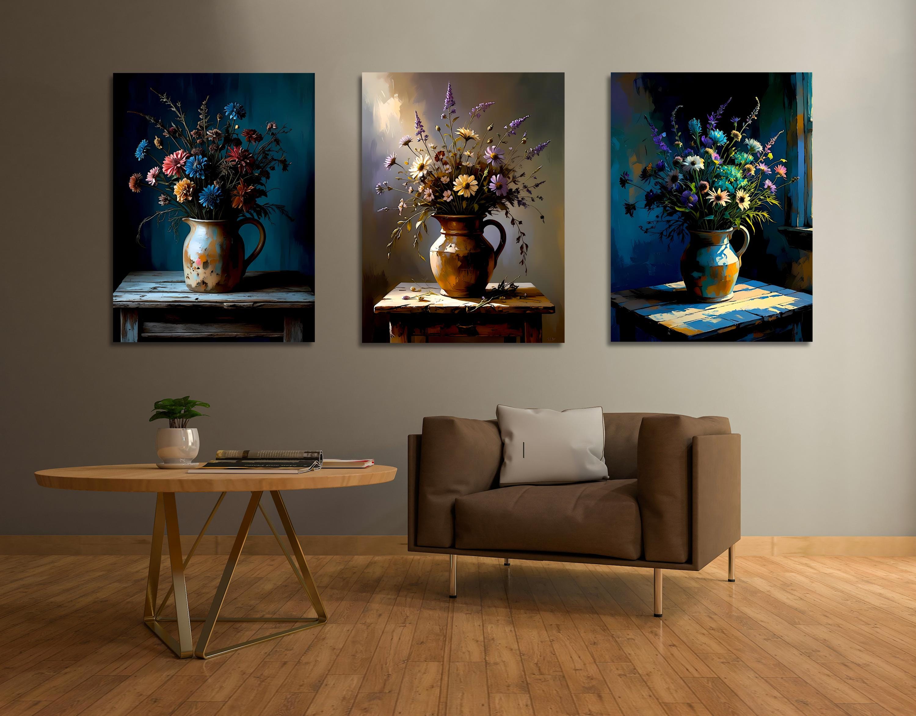 Decorative flower still life paintings with wild bouquets in ceramic pitchers, modern rustic wall art