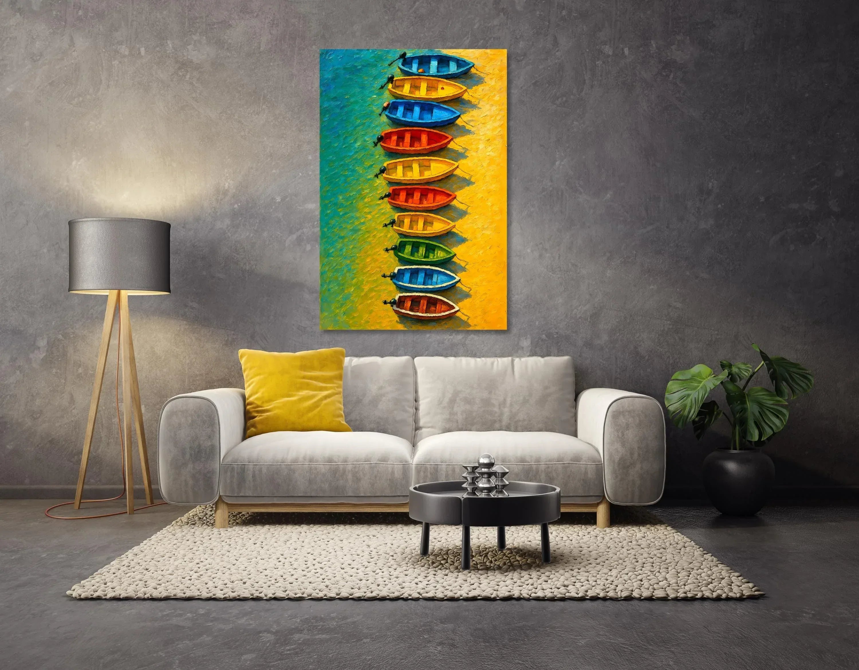 Seaside Row Boats Art Print: Vibrant Coastal Painting on Canvas - AffinityArts 