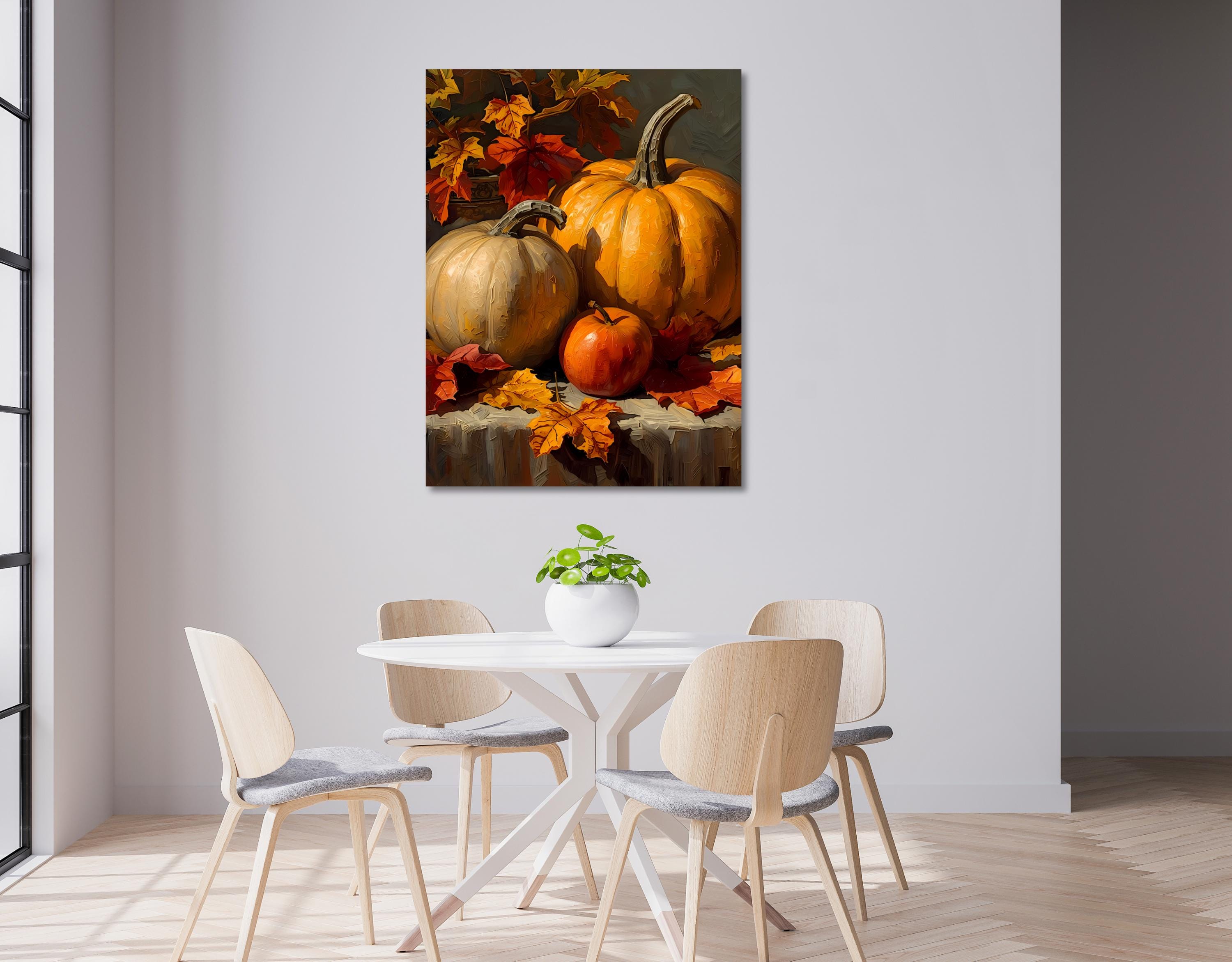 Rustic autumn harvest scene with pumpkins, apple, and colorful fall foliage.