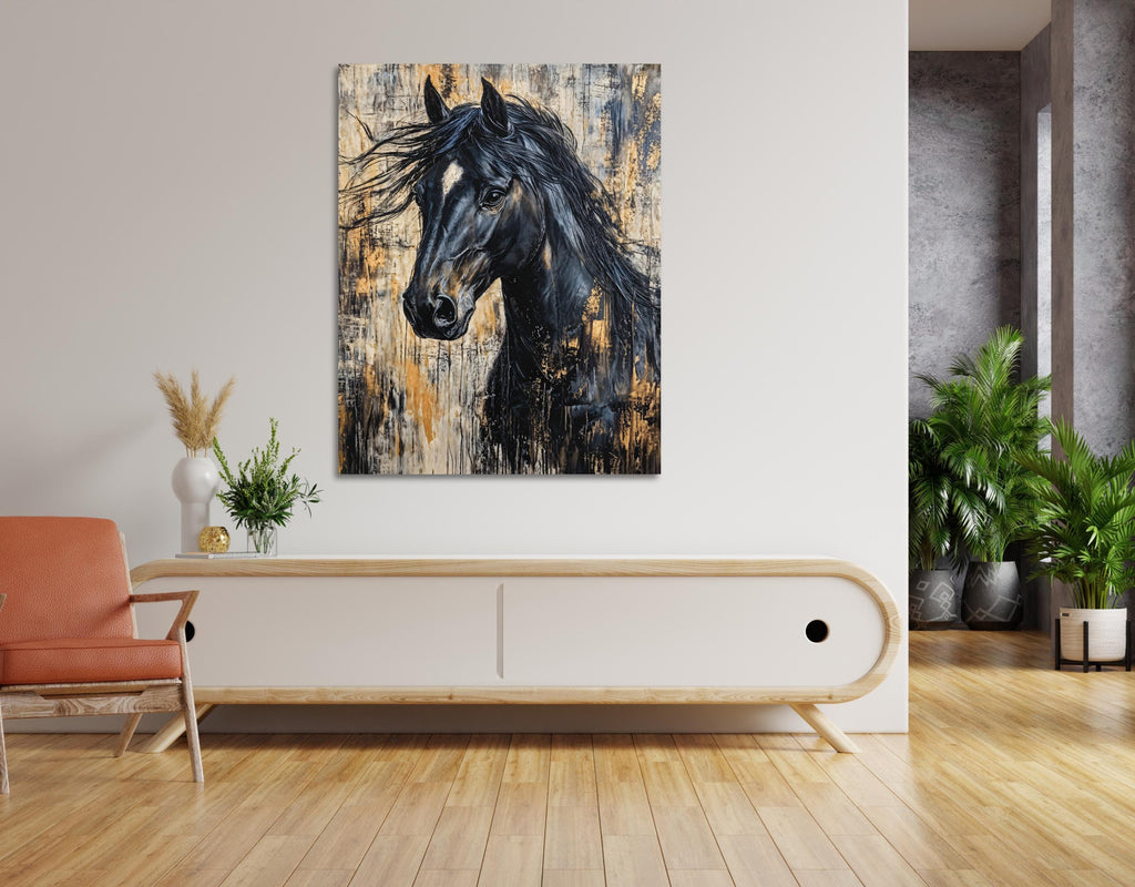 Bold equestrian portrait: black horse with alert ears, flowing ebony mane, detailed nostrils, enhanced by warm gold leaf patterns and earthy tones.
