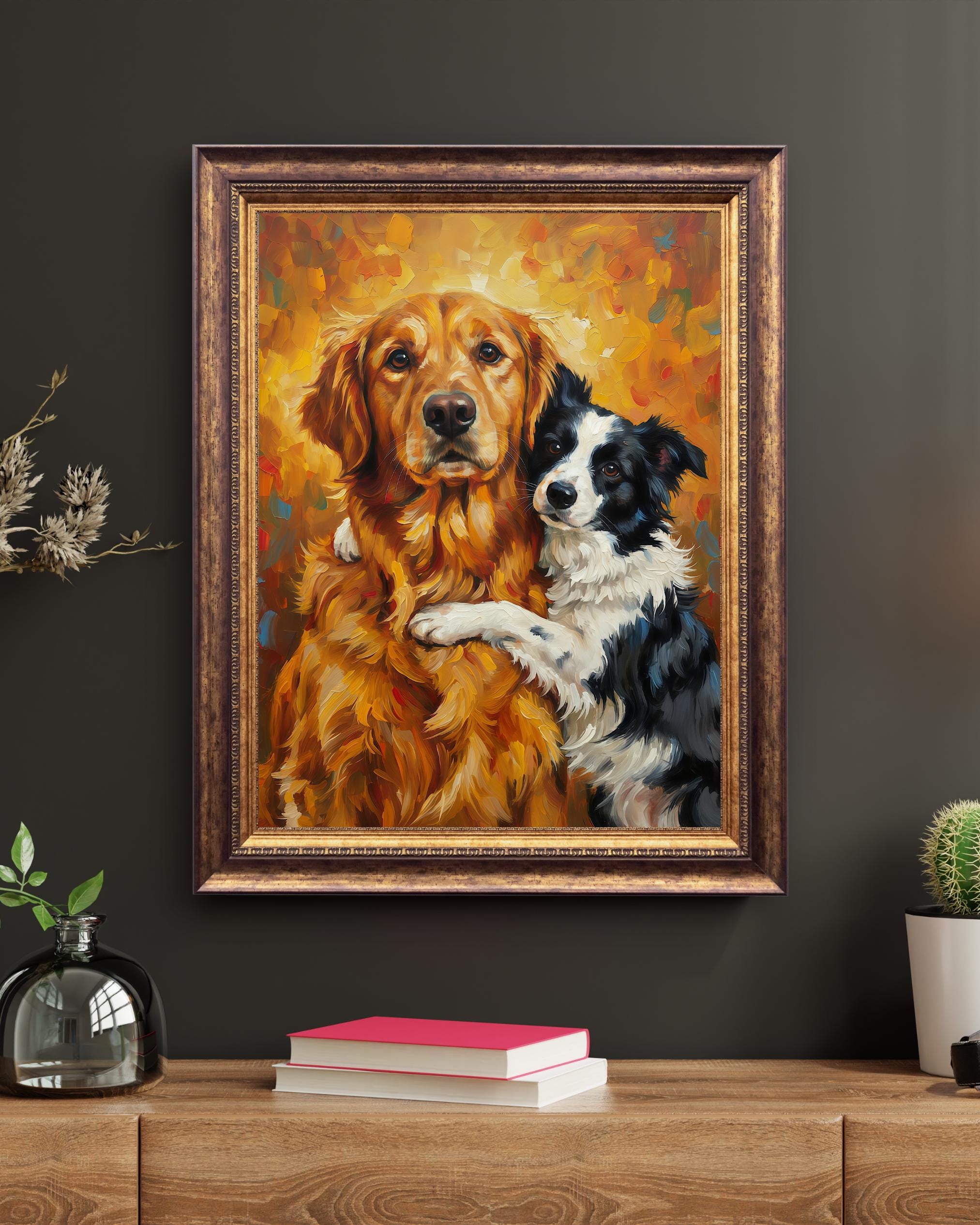 Close-up portrait in oils: Golden retriever nuzzling border collie, golden tones dominate.