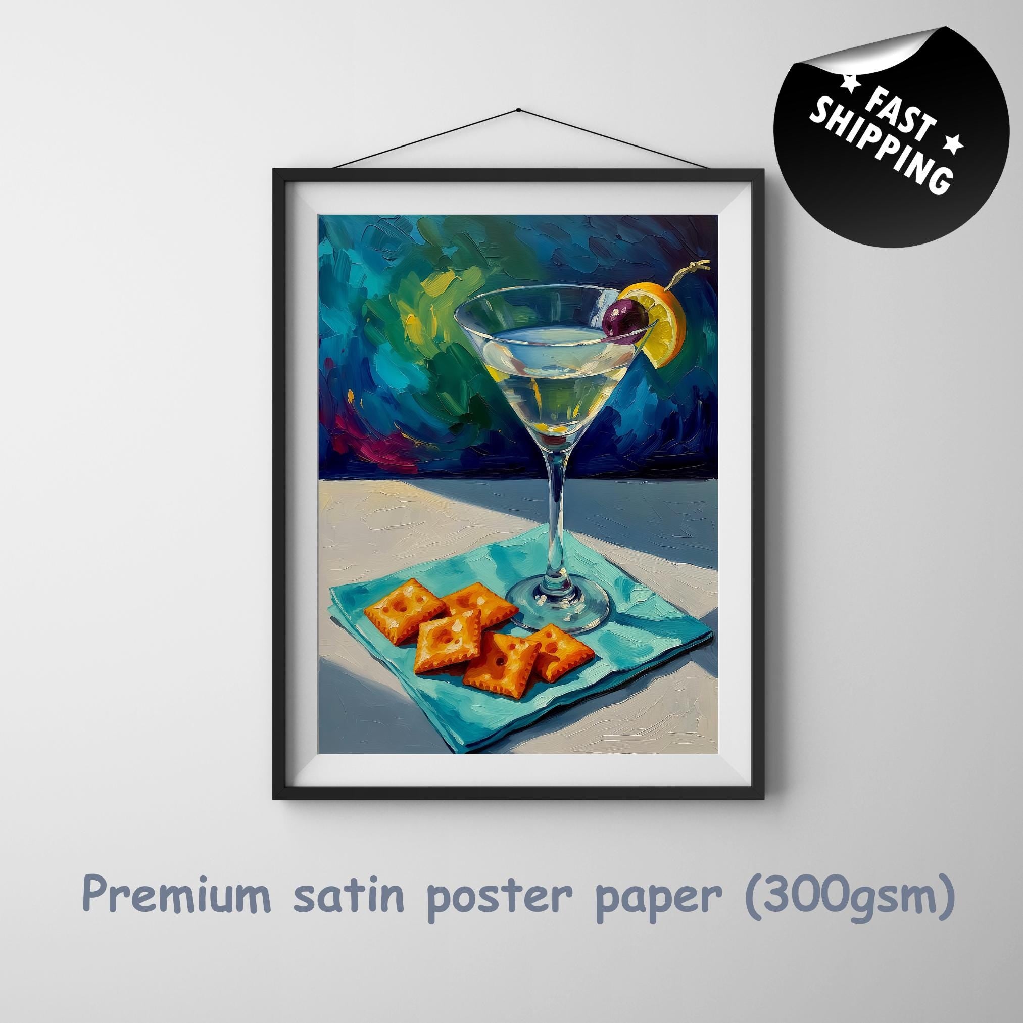 Elegant cocktail-themed impressionist painting showing a martini glass, olive, lemon slice, and snacks on a minimalist table.