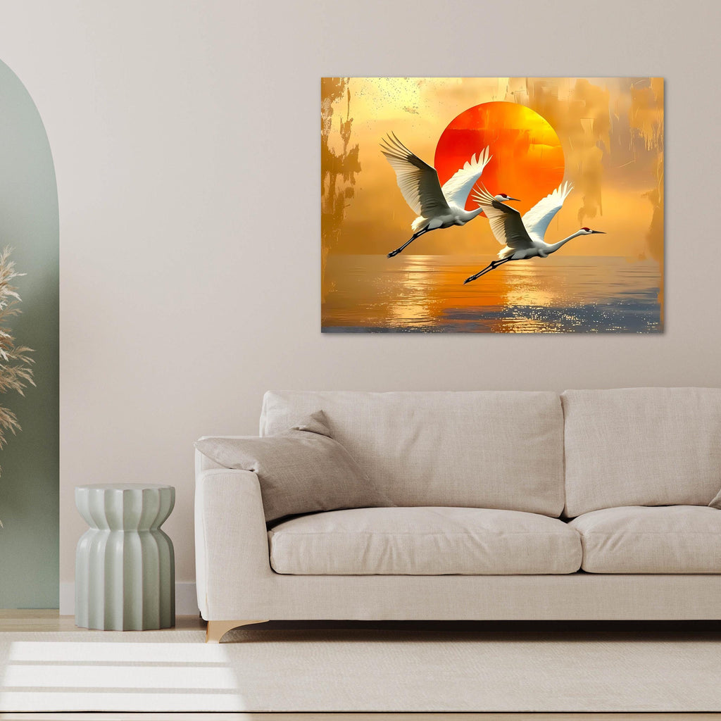 Crane Canvas Print: Japanese Sunset Bird Art, Zen Nature Decor AffinityArts