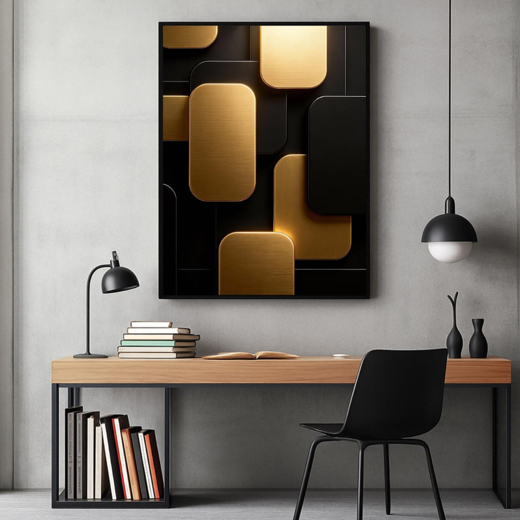 Black Gold Geometric Wall Art Print, Abstract Metal Panels Poster or Canvas, Modern Minimalist 3D Design Art AffinityArts