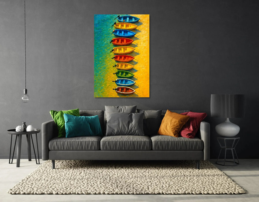 Seaside Row Boats Art Print: Vibrant Coastal Painting on Canvas - AffinityArts 