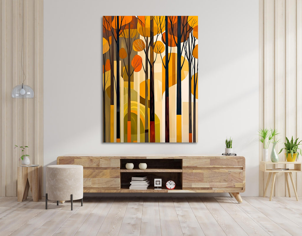 Stylized autumn forest illustration with vertical trees and layered warm-toned shapes.