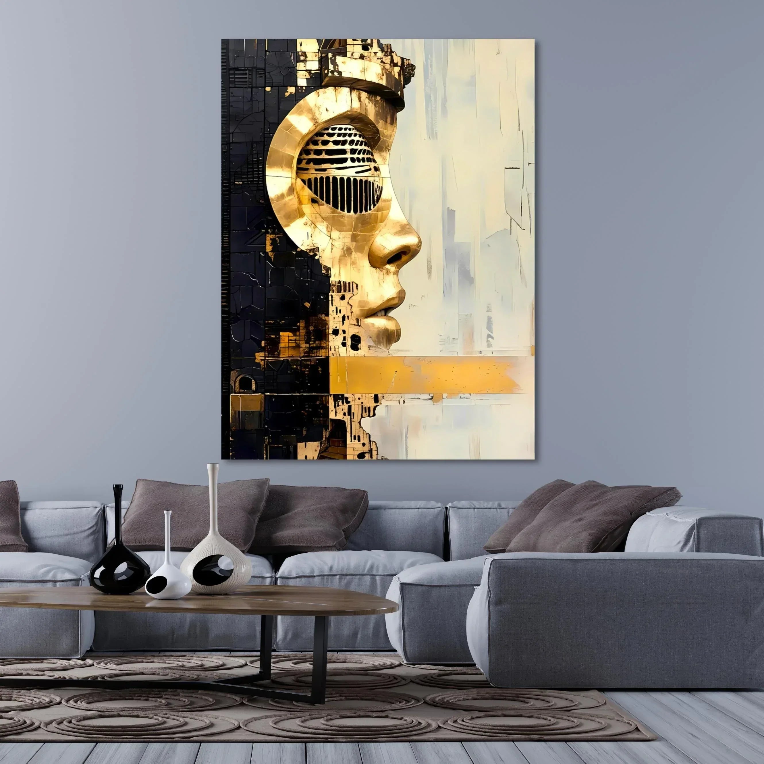 Modern Abstract Wall Art – Futuristic Golden Face Canvas, Cyberpunk Metal Texture Portrait Print - AffinityArts 