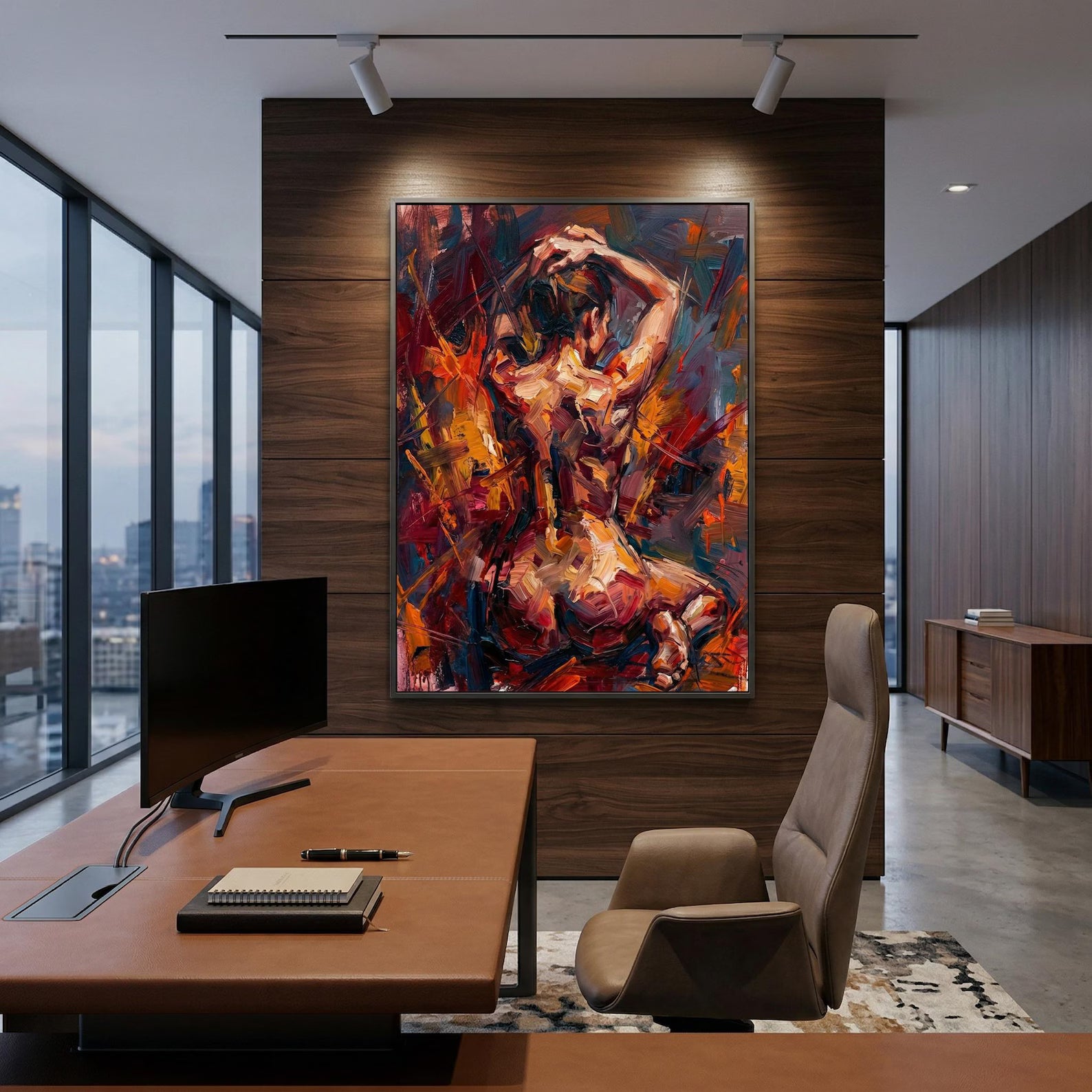 Expressionist body art poster above bed in moody bedroom, dark emotional figure painting with deep red and cobalt tones as dramatic accent