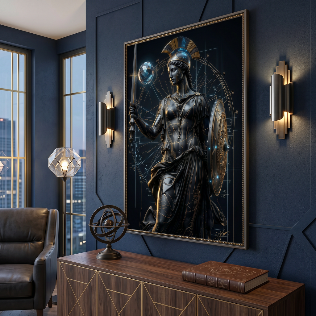 powerful athena wall art bringing focus and strength into a modern dark office