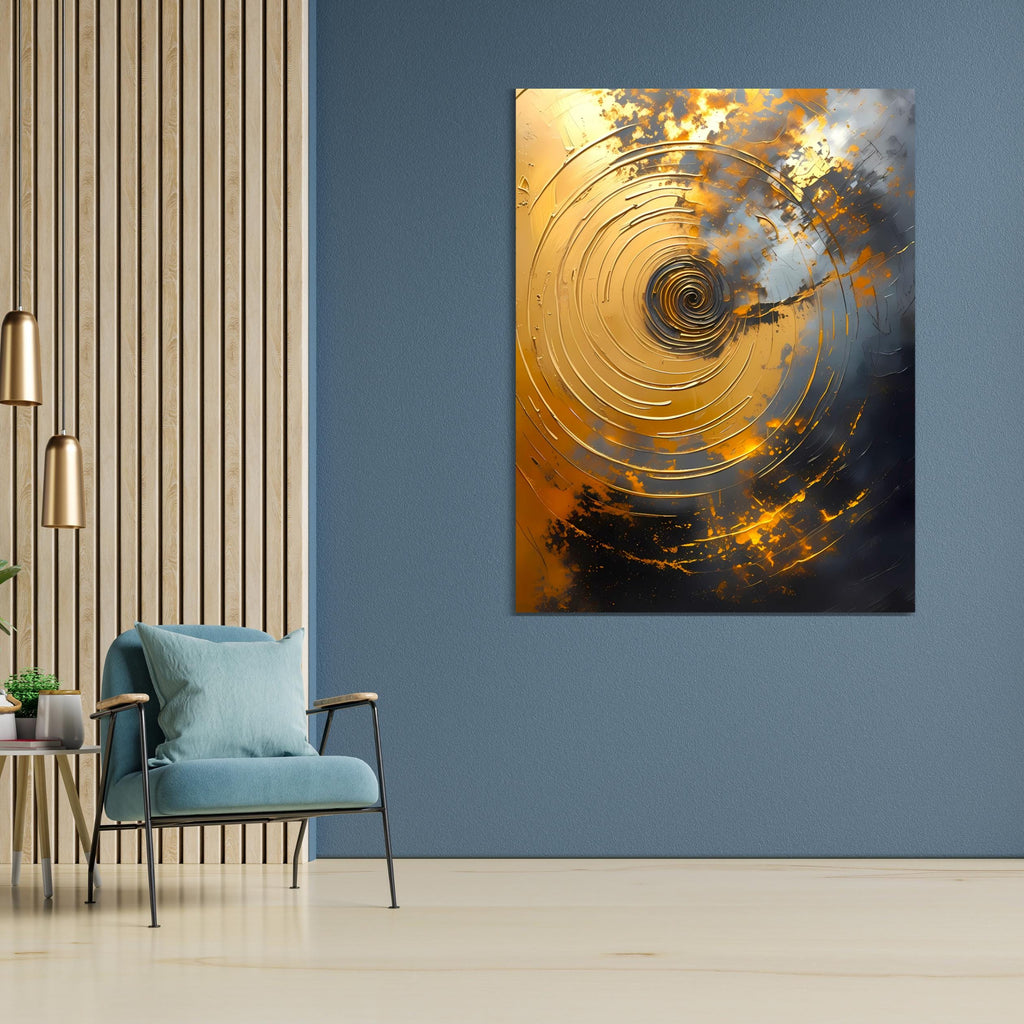 Textured golden spirals in abstract painting, orange flames on dark gray.
