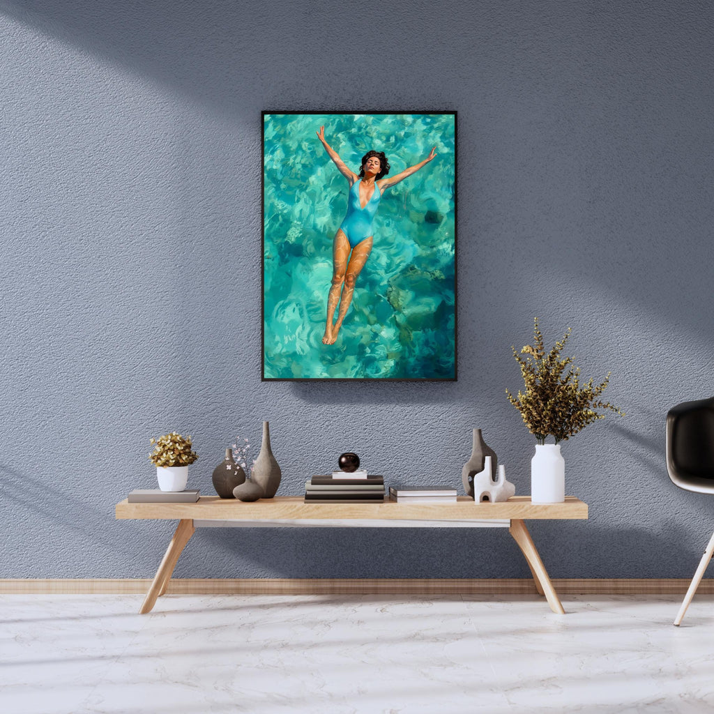 Idyllic float: Tanned model in indigo swimsuit, eyes closed, drifting amid rippling cyan waters, arms akimbo.