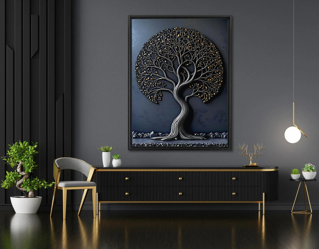 Tree of Life Canvas Art: Gold & Silver Metal Effect, Floating Frame - AffinityArts 