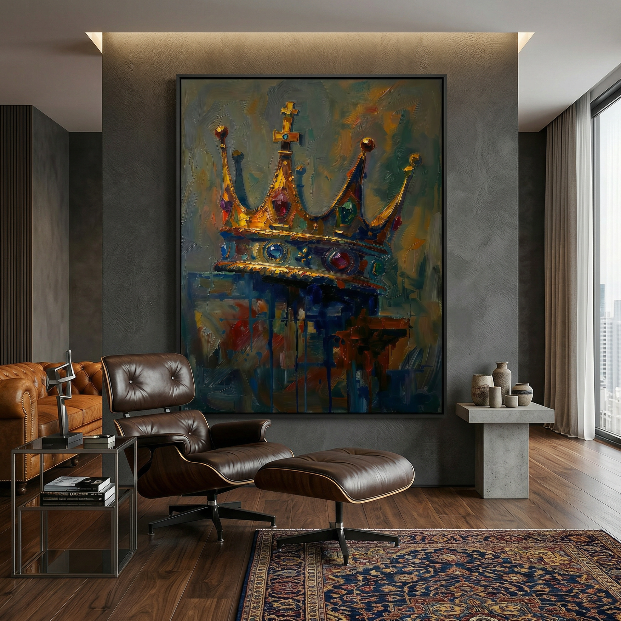 Expressive oil painting of a royal crown with colorful gemstones in blue, red and green