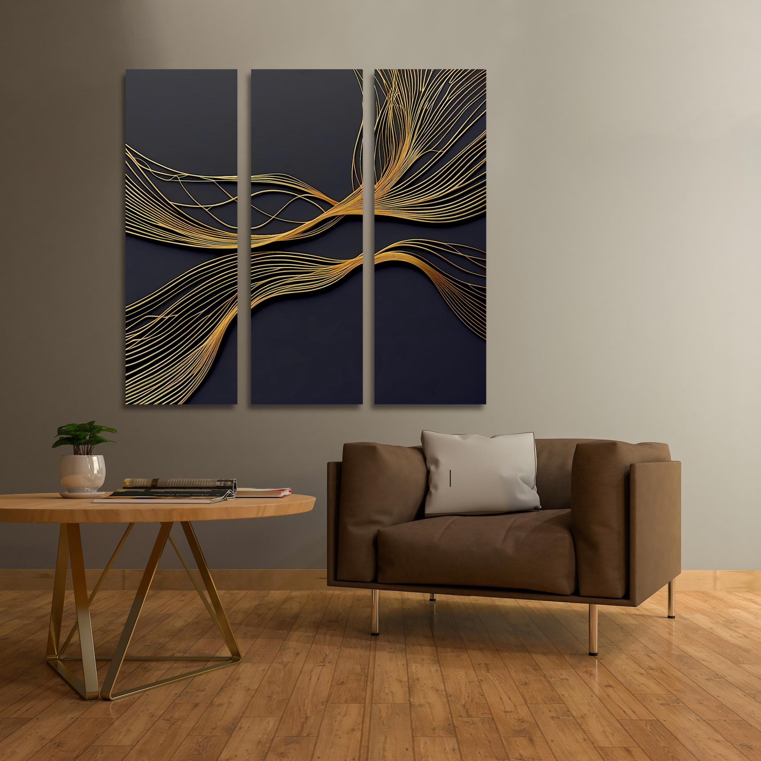 Gold Line Abstract Triptych Canvas Art: Modern Black and Gold Wall Decor