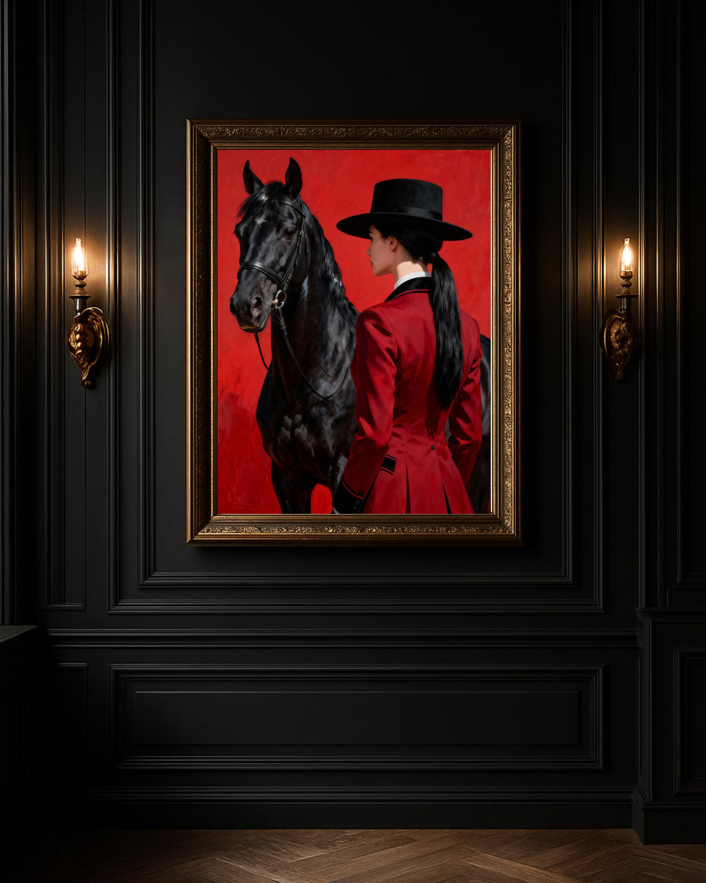 A black horse and its rider in a striking red jacket, captured in a sophisticated, artistic portrait.

