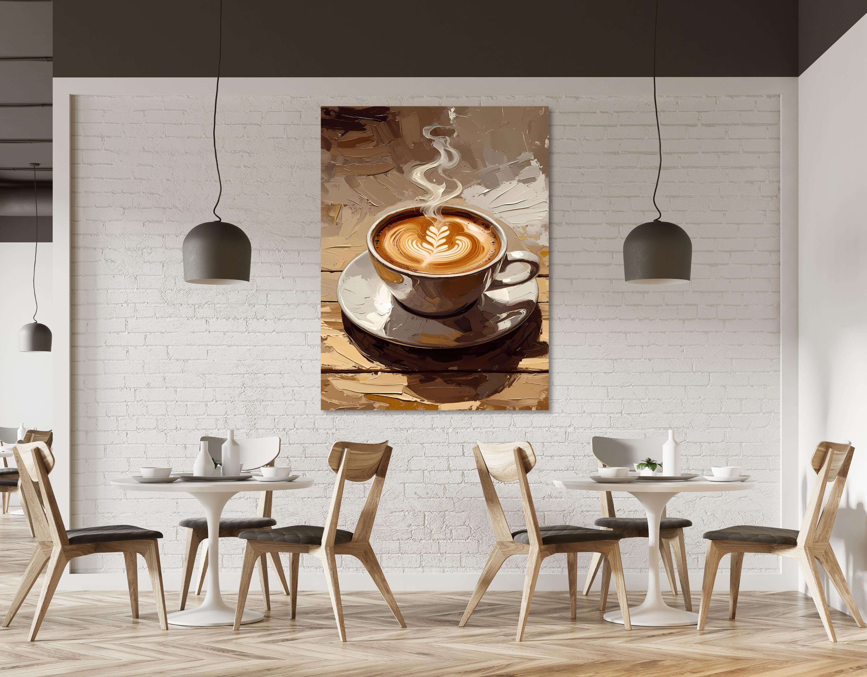 A cozy cup of coffee with latte art foam and gentle steam, painted in a modern abstract style.