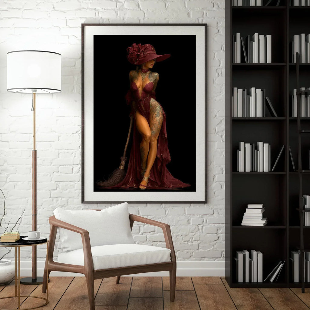 Elegant Witch Art Print | Burgundy Gown, Fantasy Wall Decor - AffinityArts 