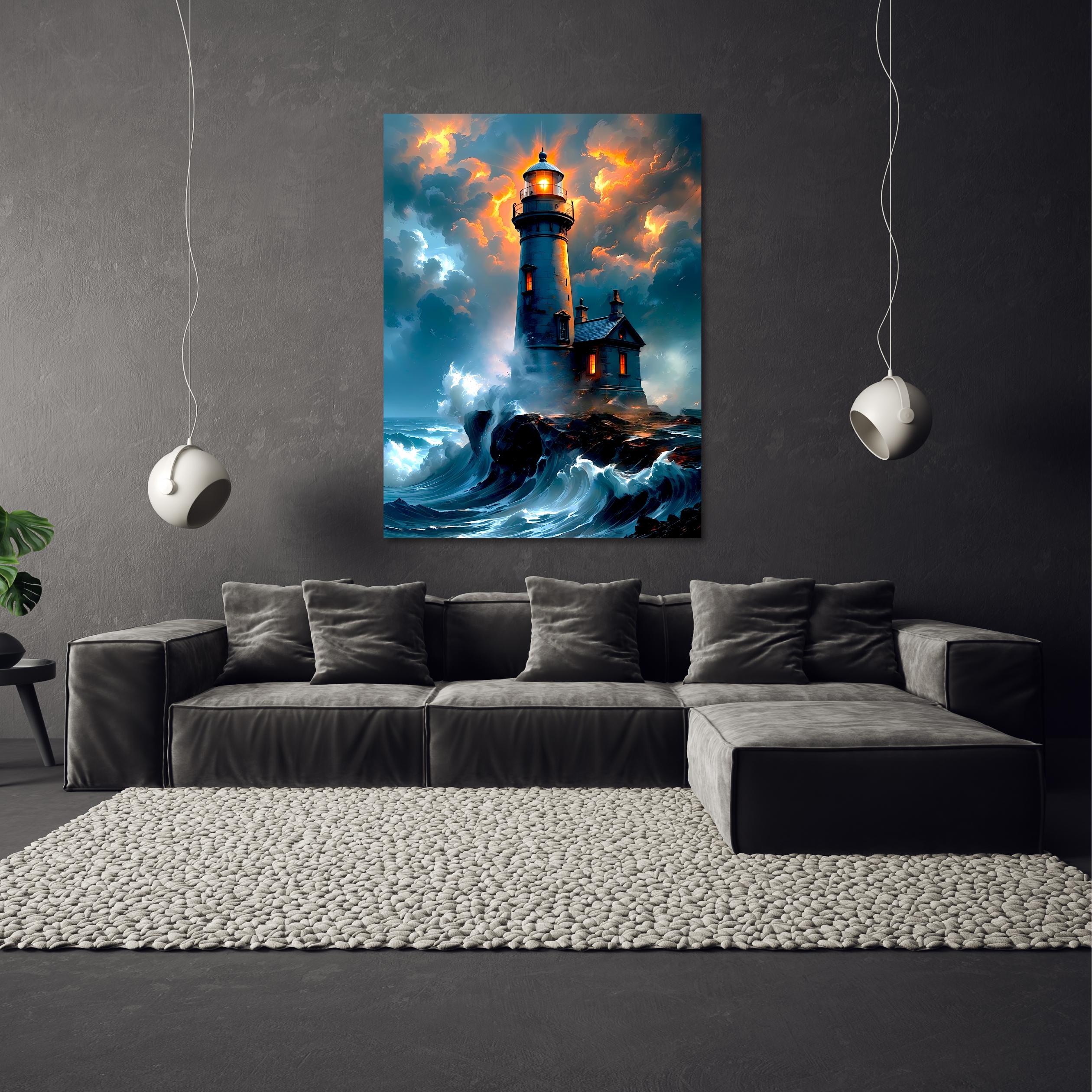 Ethereal lighthouse glow: Warm beam pierces stormy night over wild waves crashing on craggy coastline.