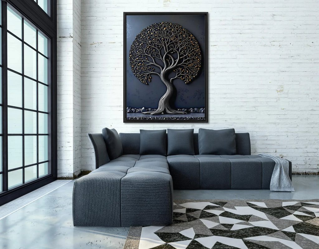 Tree of Life Canvas Art: Gold & Silver Metal Effect, Floating Frame - AffinityArts 