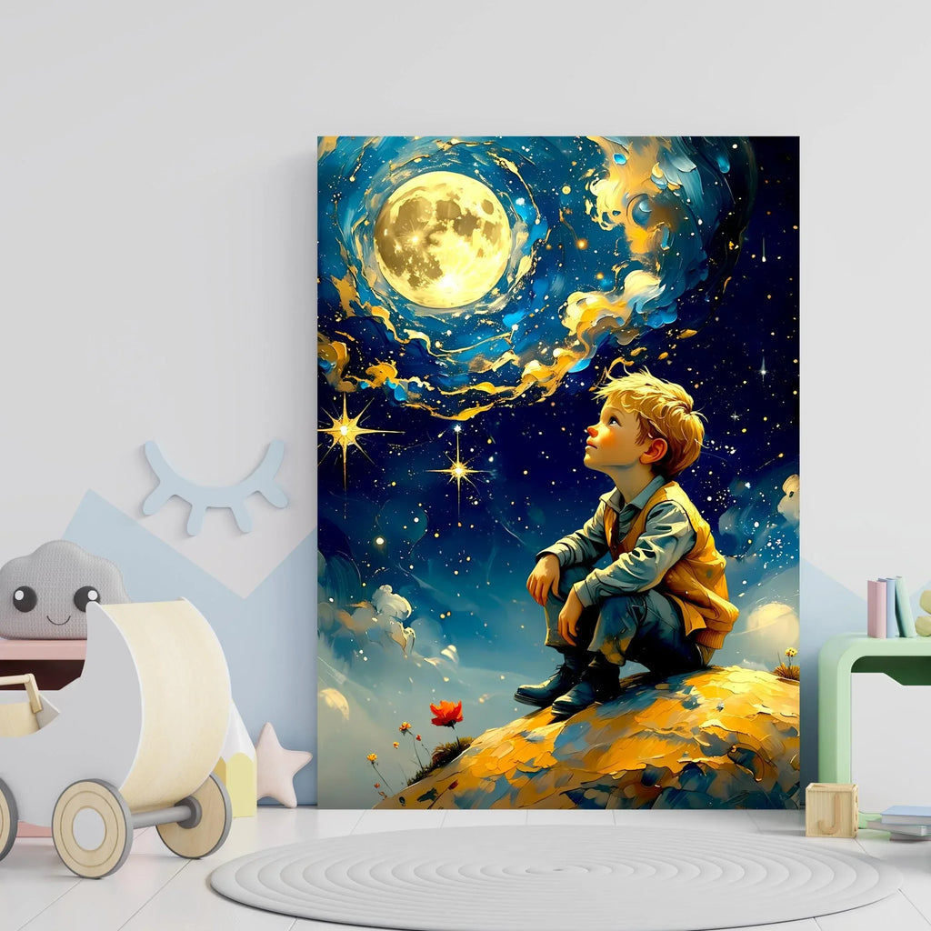 Fantasy Moon Wall Art – Dreamy Boy Under Starry Sky Canvas Print - AffinityArts 