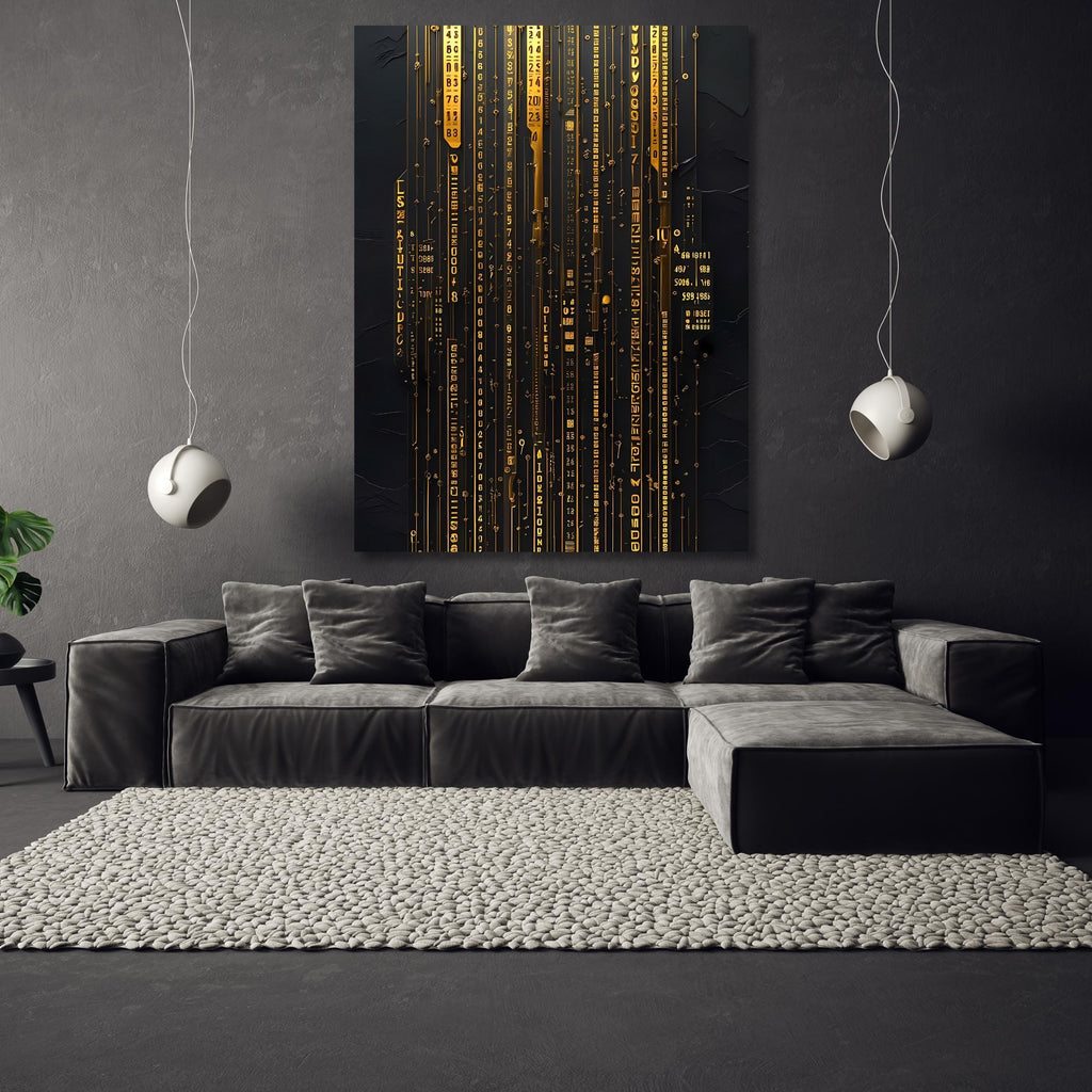 Cyberpunk Circuit Wall Art - Futuristic Gold Digital Code Canvas Print AffinityArts