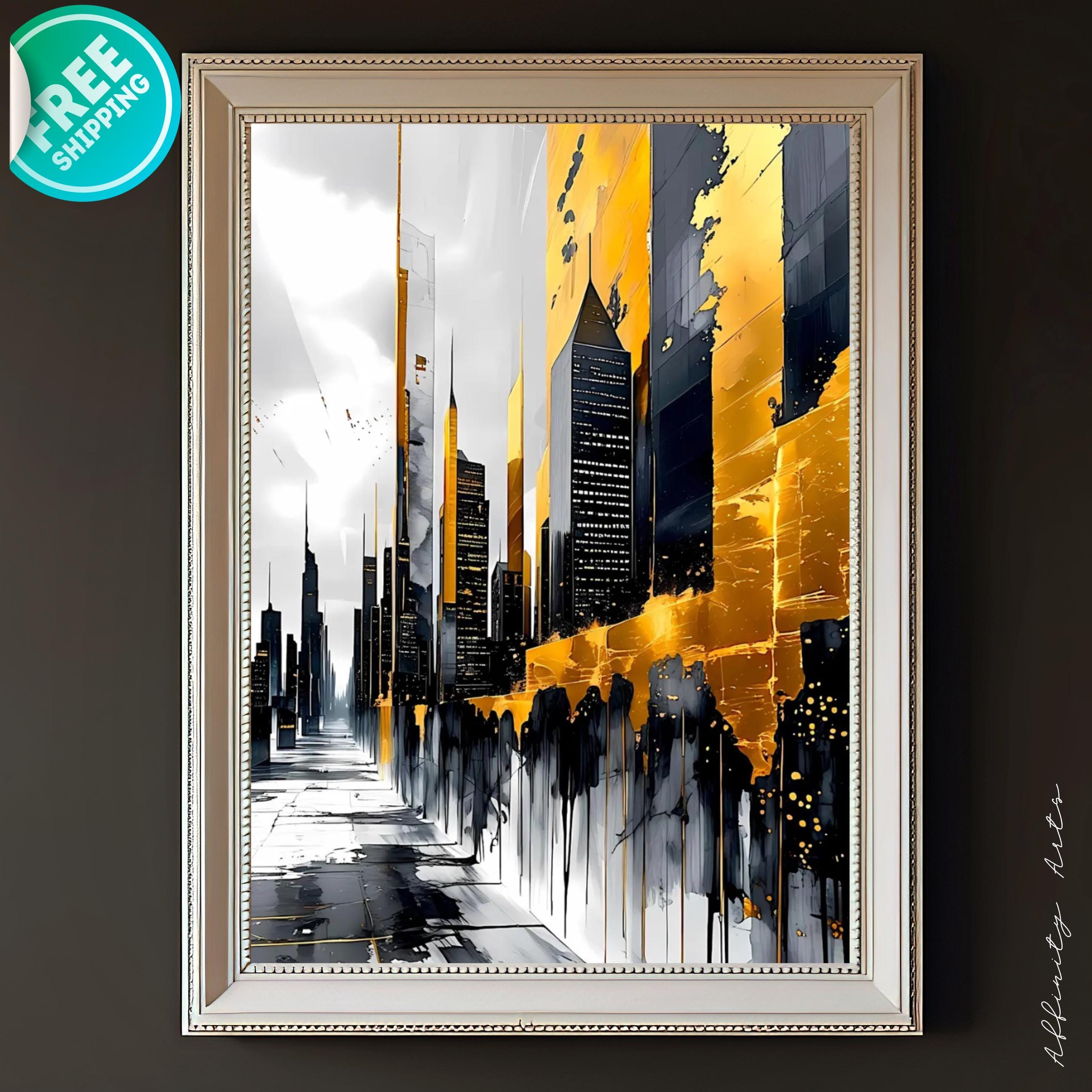Abstract black and gold city skyline with tall skyscrapers and dramatic paint splashes along a modern street.