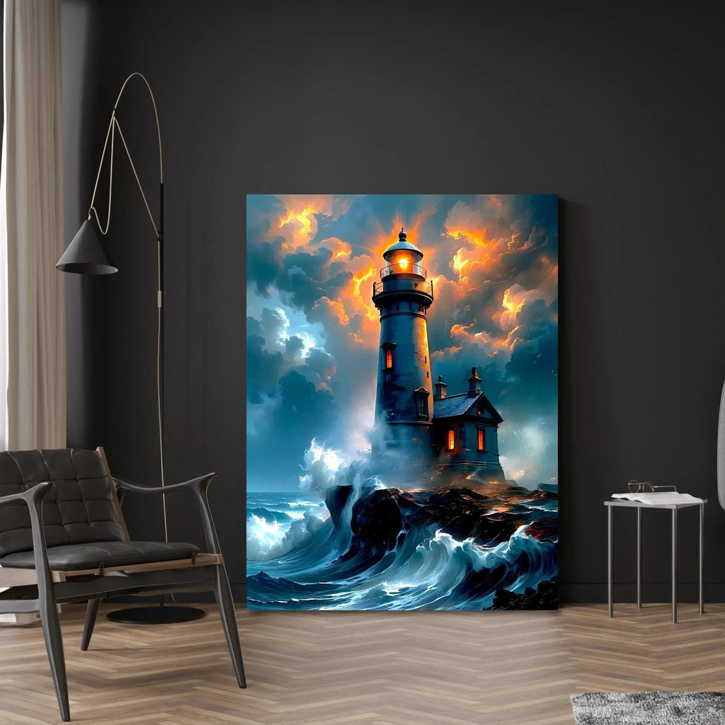 Lighthouse Canvas Wall Art – Stormy Ocean Painting with Dramatic Sky – Nautical Seascape Home Decor - AffinityArts 