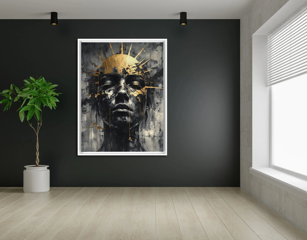 Canvas Wall Art – Abstract Golden Crown Portrait | Luxury Floating Frame Painting - AffinityArts 