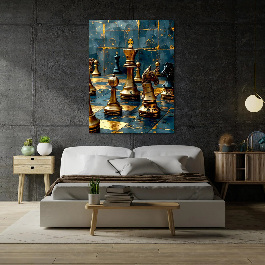 Teal and Gold Chess Canvas Art: Luxury Game Room Decor - AffinityArts 