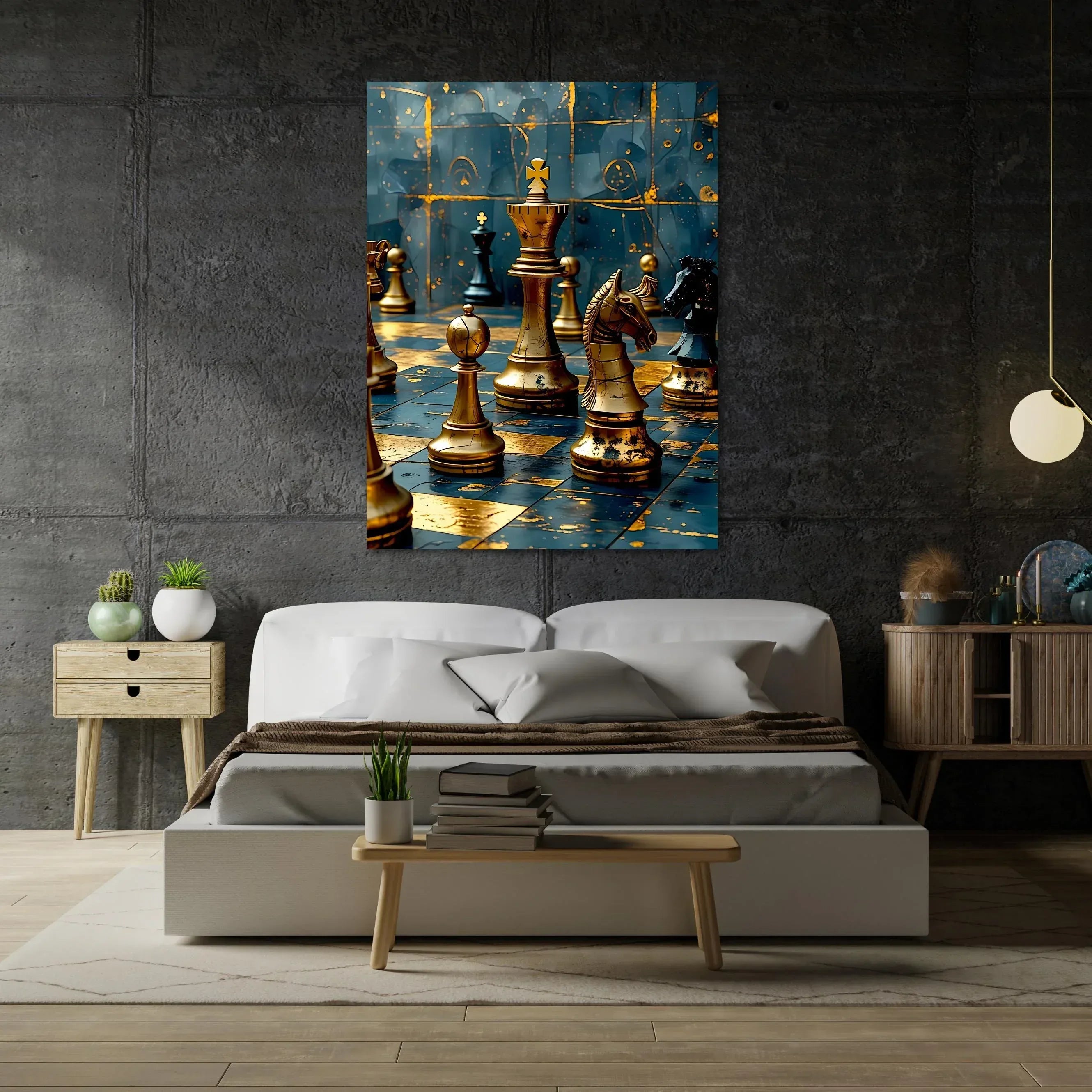 Teal and Gold Chess Canvas Art: Luxury Game Room Decor - AffinityArts 