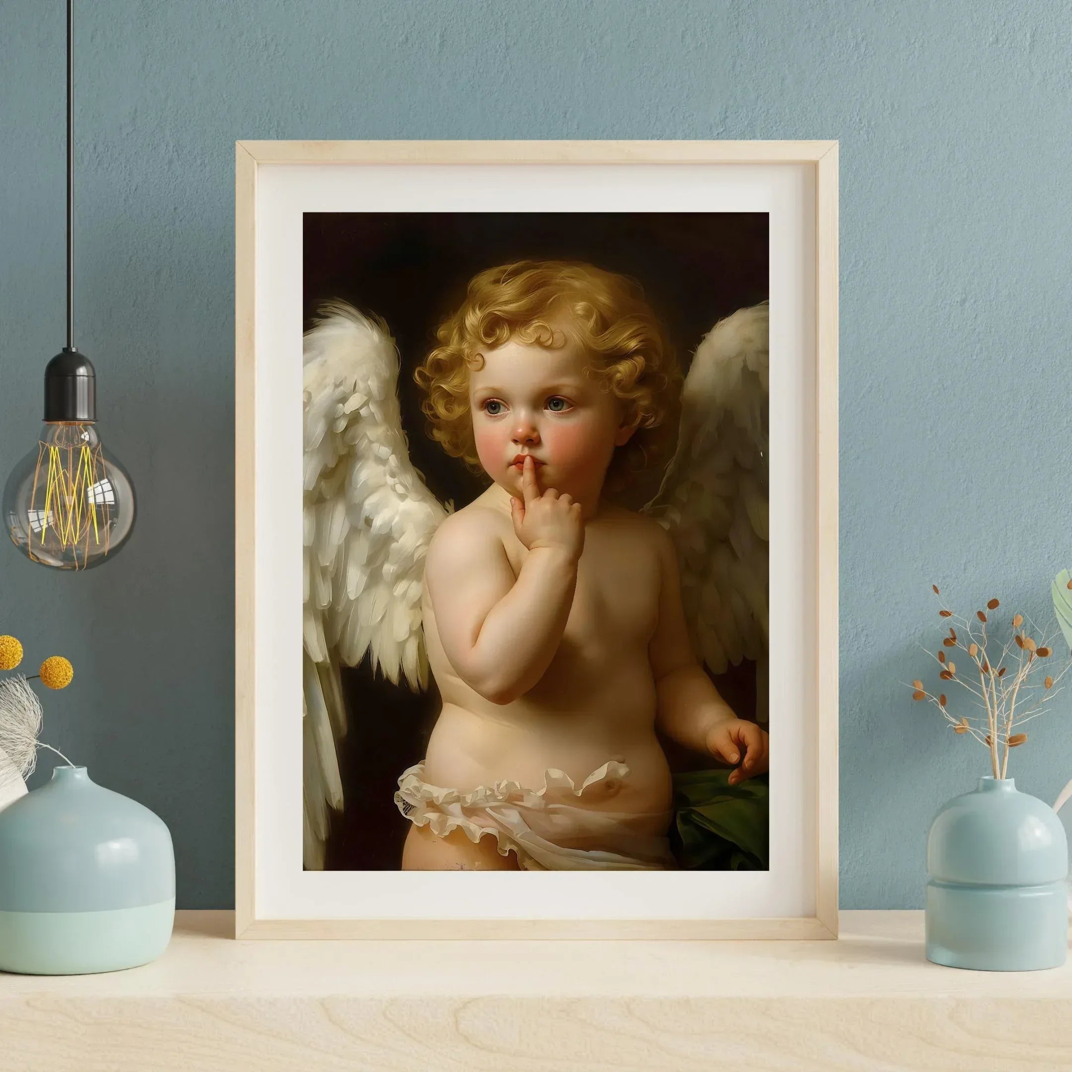 Winged Angel Art Print, Gold Curl Painting, Classic Home Decor (Digital File Option) - AffinityArts 