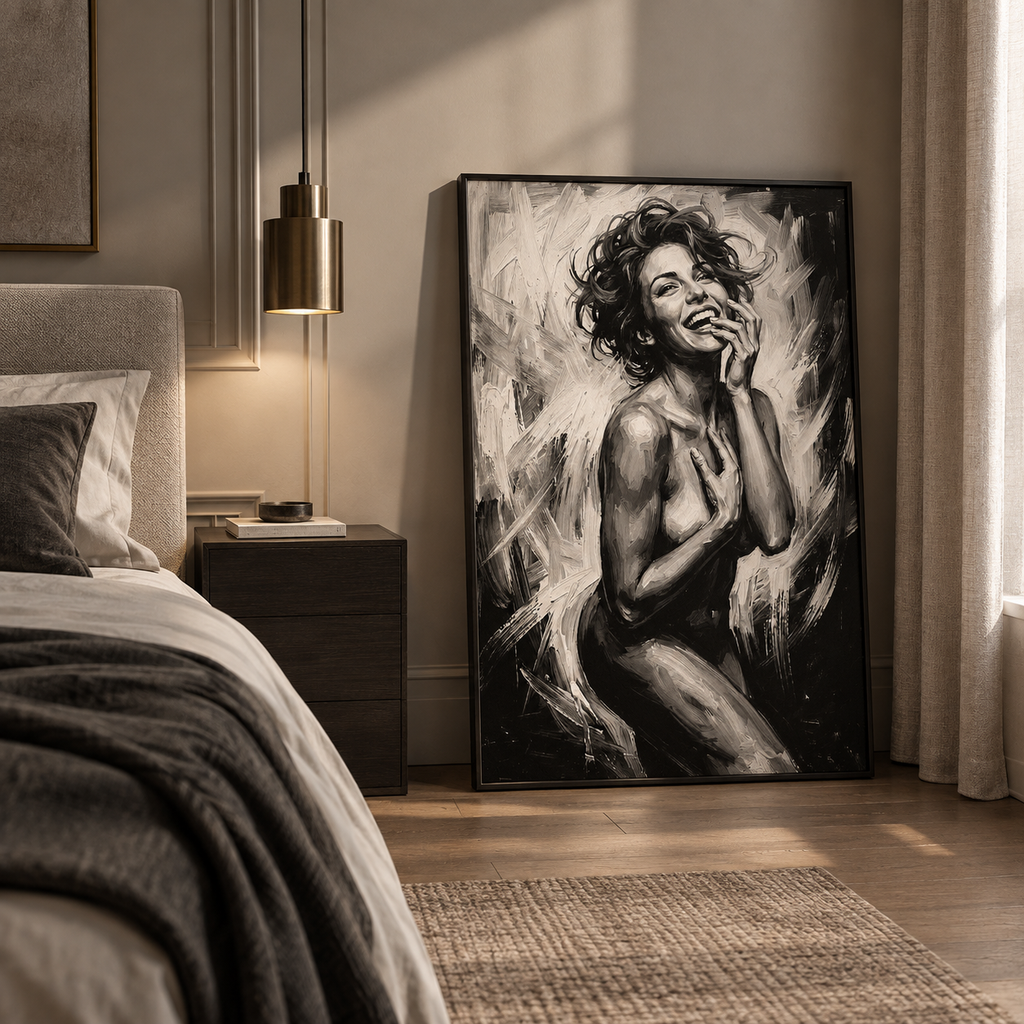 Nudist woman art print displayed on a living room wall