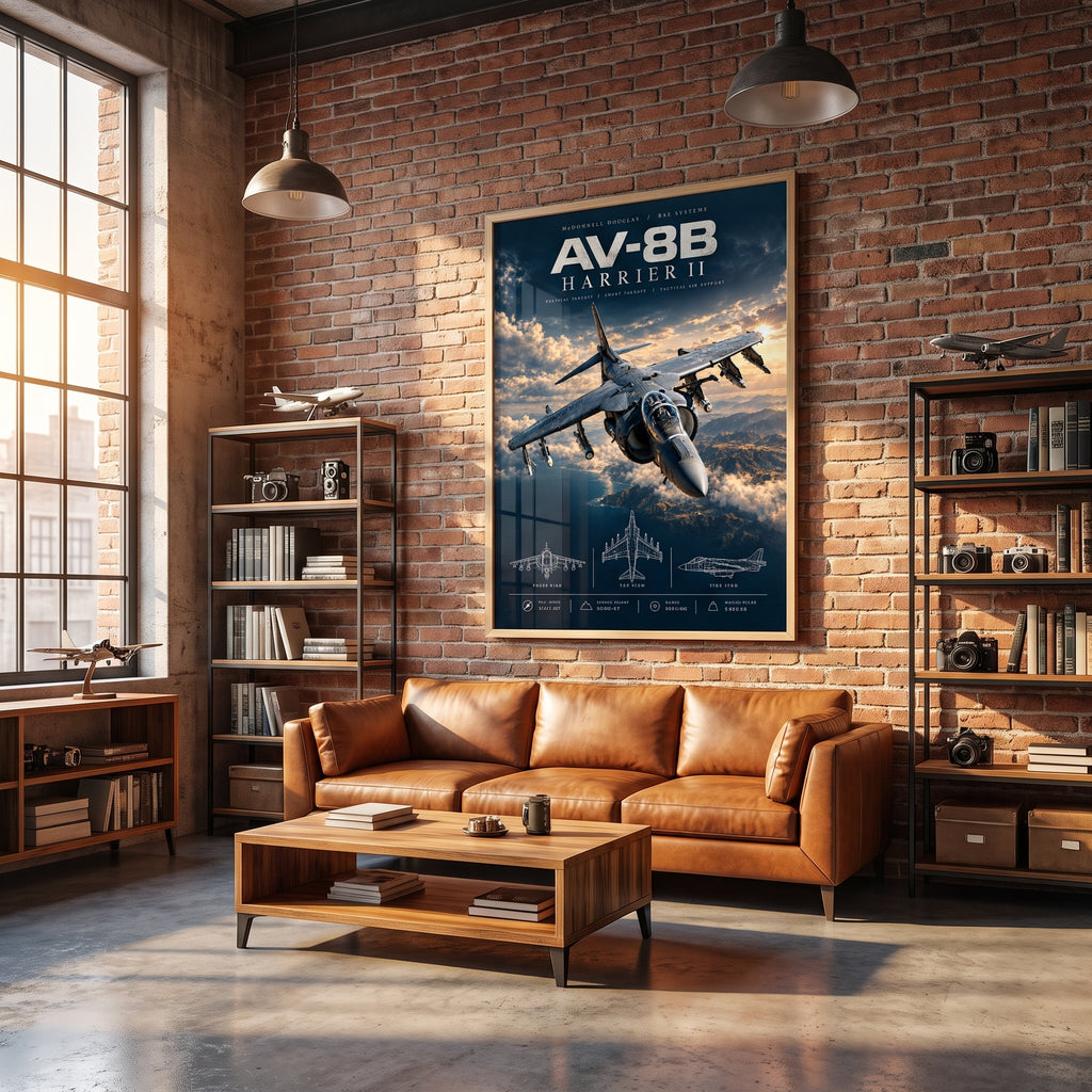 Marine Corps poster with a weathered Harrier jet, white technical line drawings and a navy and amber color palette