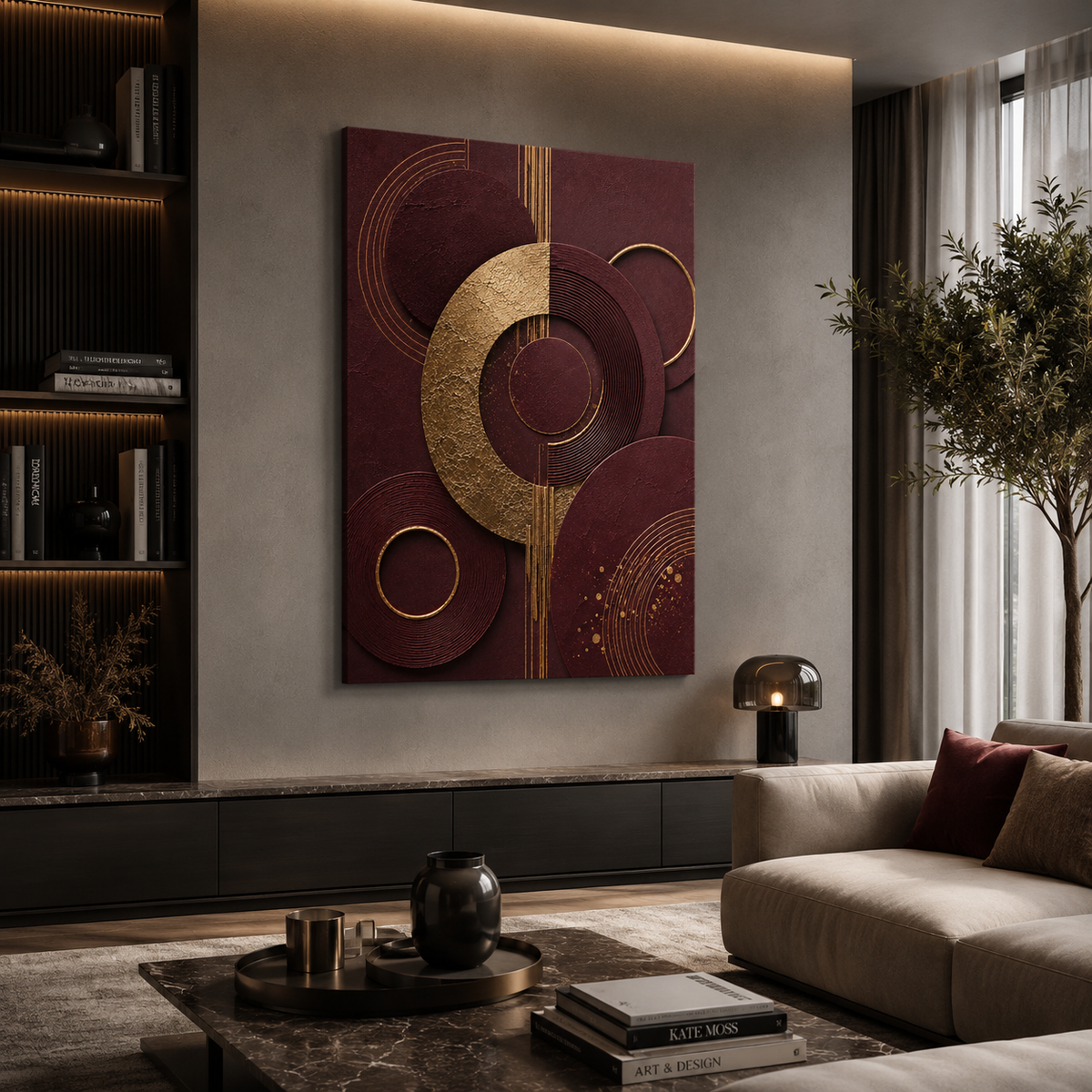 Burgundy canvas print faux gold texture wall art gallery wrap, jewel-tone ring design for rich statement décor.