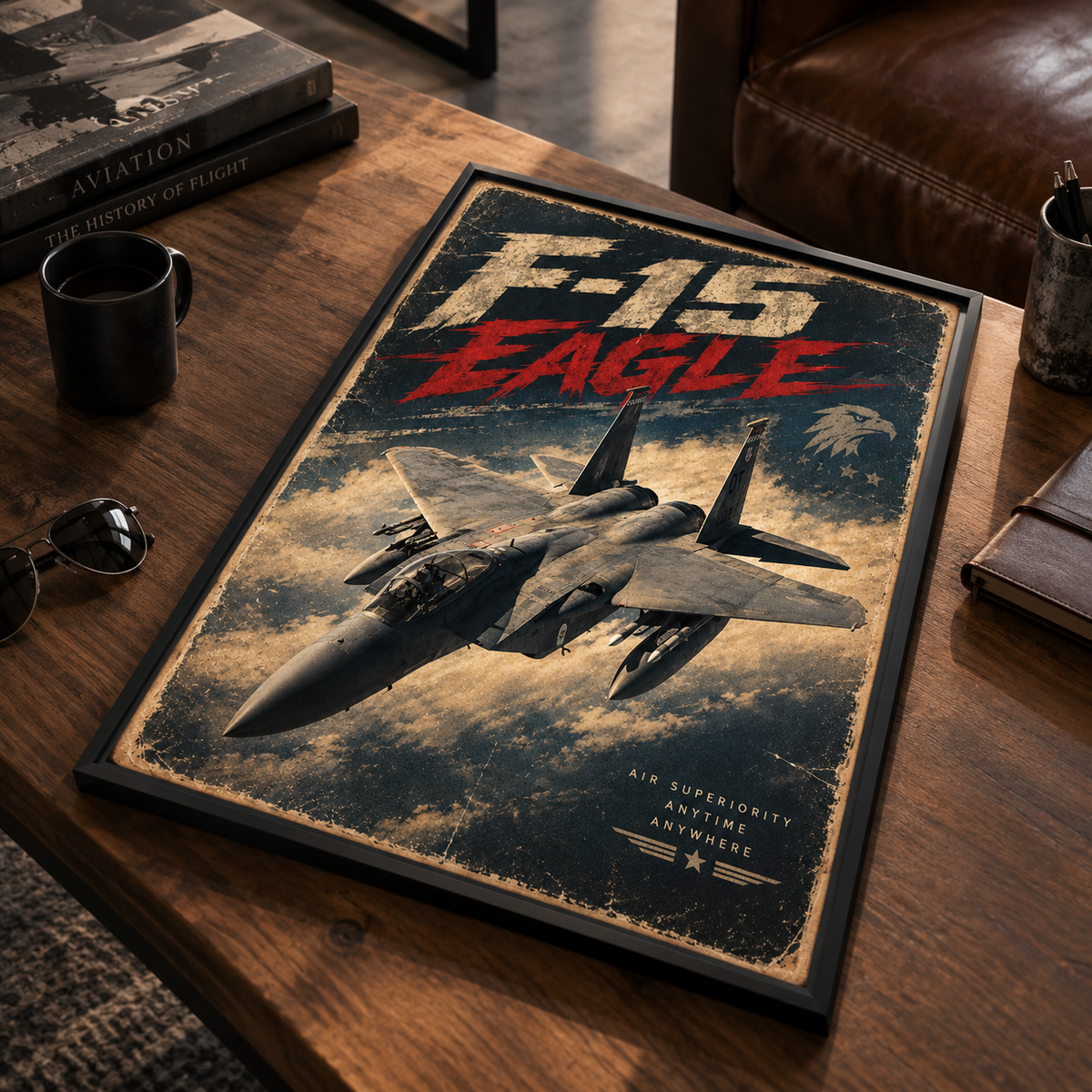 Aviation wall art featuring the F-15 Eagle, bold slanted headline and retro weathered poster styling