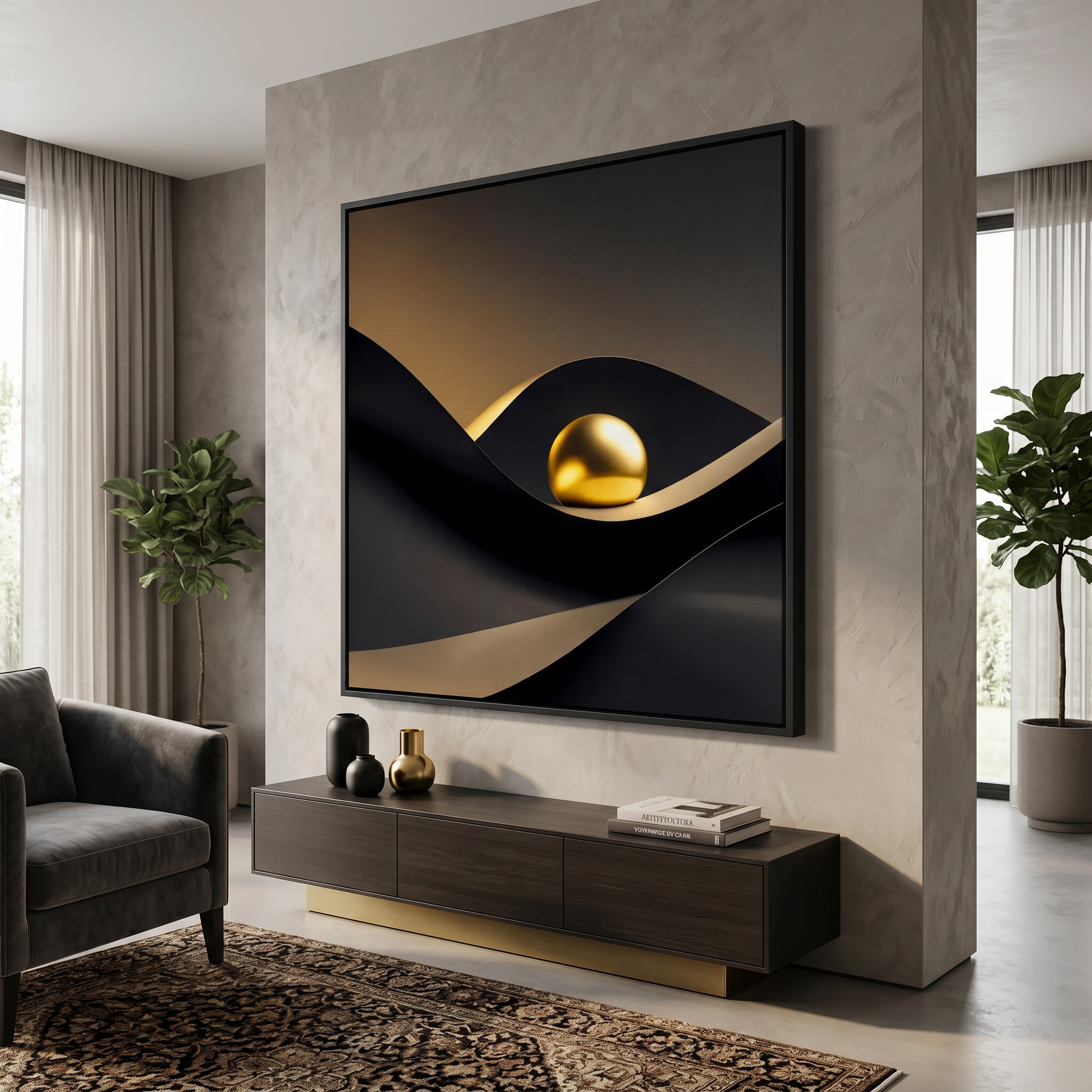 Minimalist 3D abstract art with golden sphere on dark flowing ribbon
