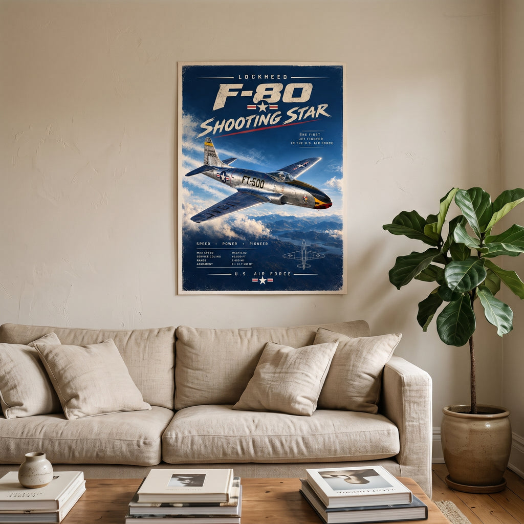 Full view of the F-80 Shooting Star poster, a vintage warbird wall art design in navy, silver and cream