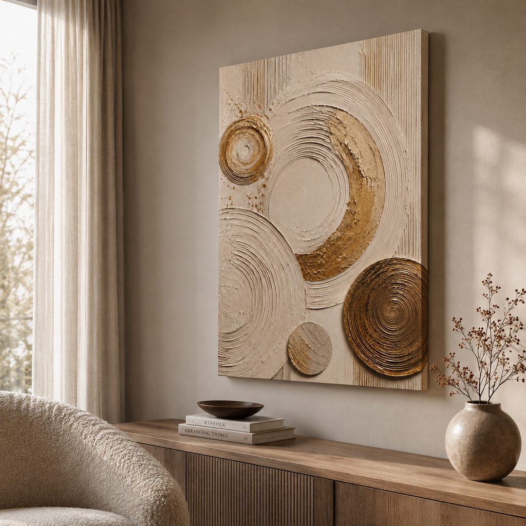 Cream canvas print faux texture wall art gallery wrap, soft gold splatter abstract circles for neutral home décor.