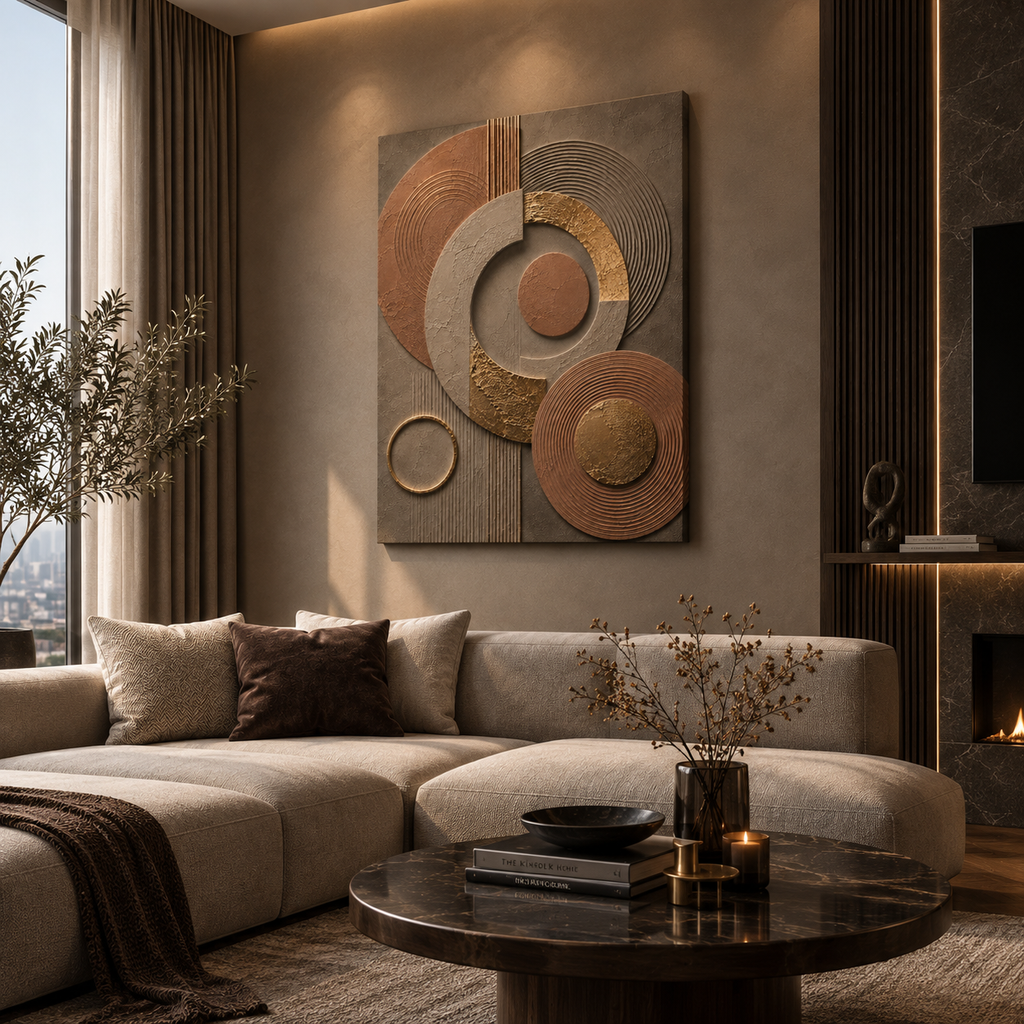 Terracotta canvas print faux gold texture wall art gallery wrap, warm earthy circle design for cozy home décor