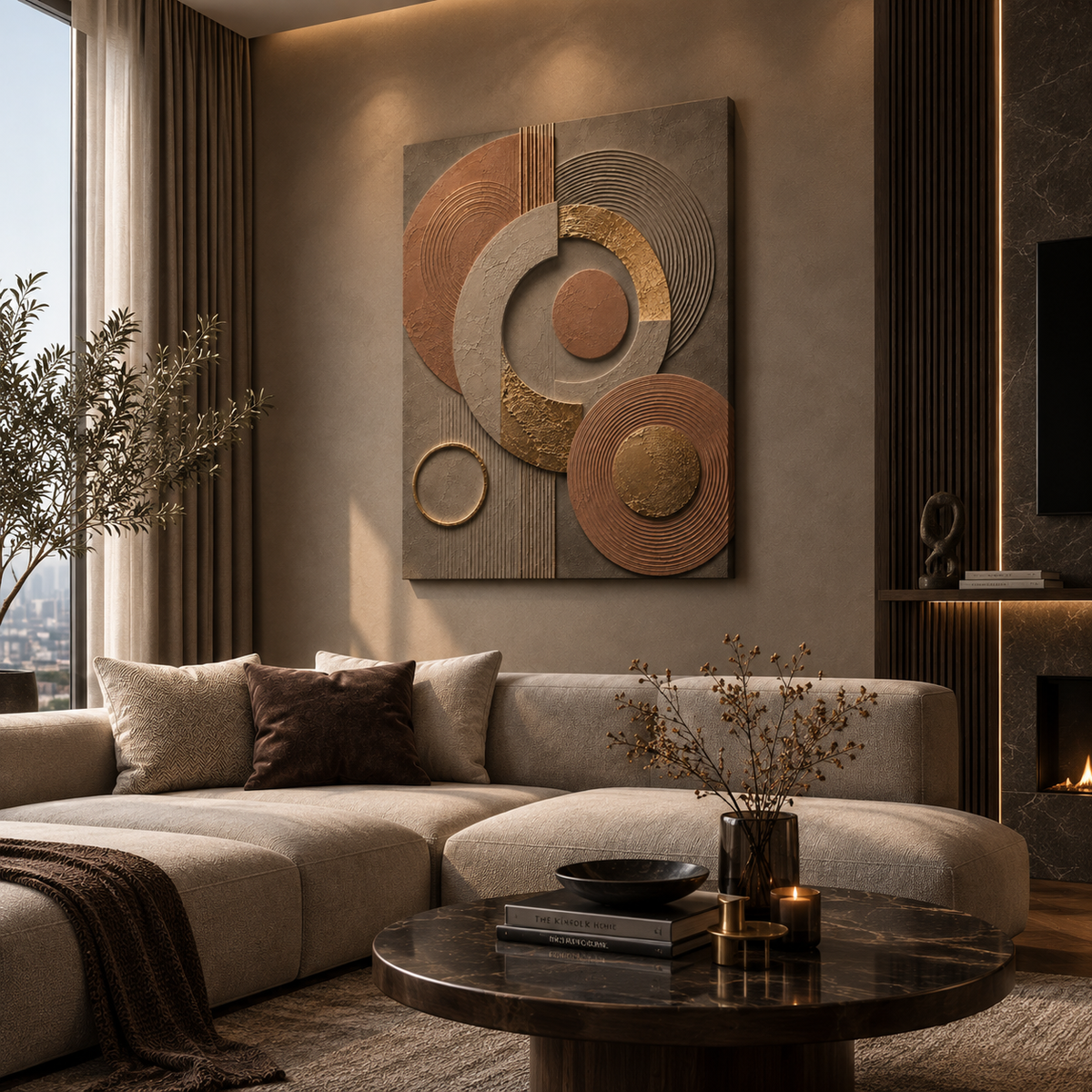 Terracotta canvas print faux gold texture wall art gallery wrap, warm earthy circle design for cozy home décor