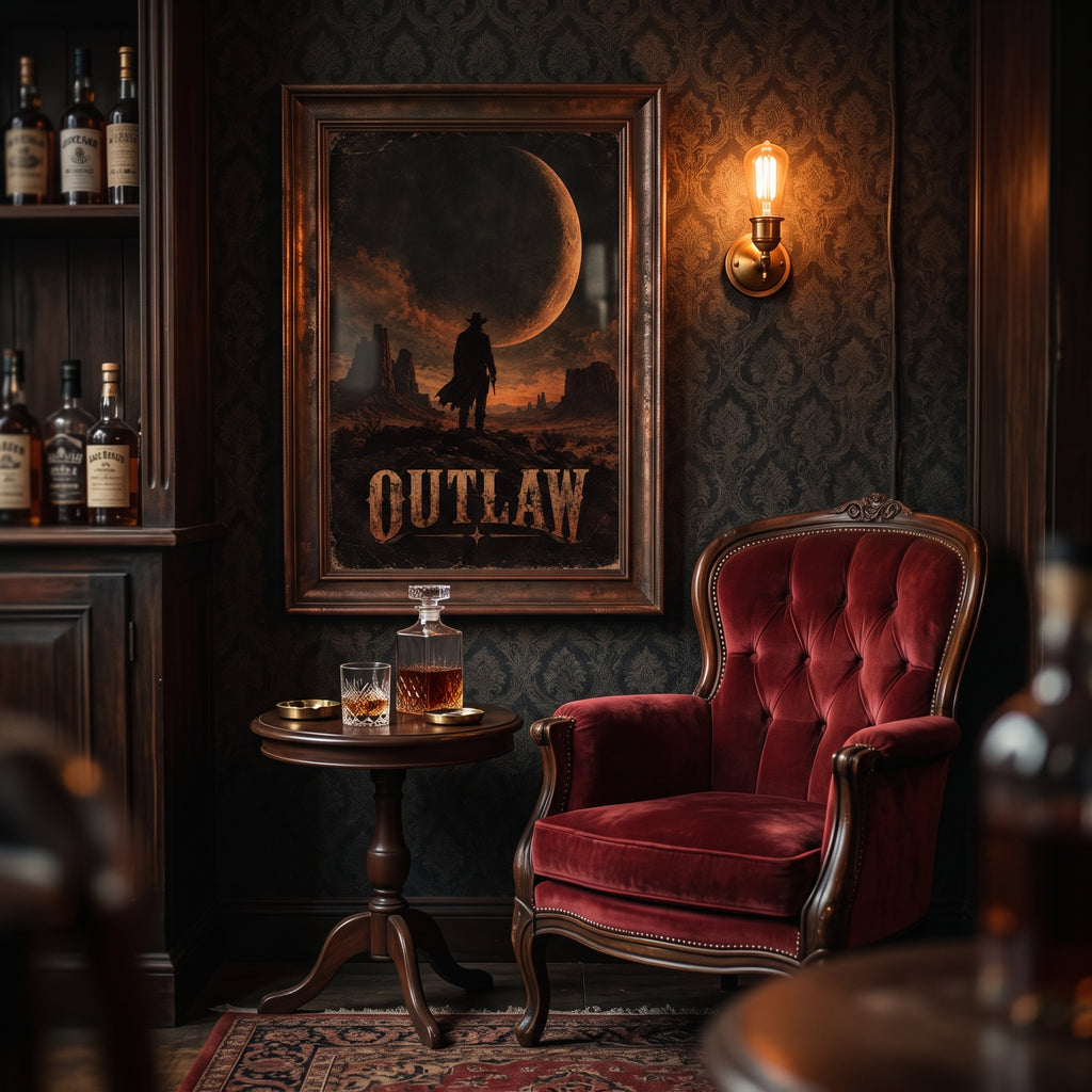 OUTLAW Western poster displayed in a living room above a leather sofa