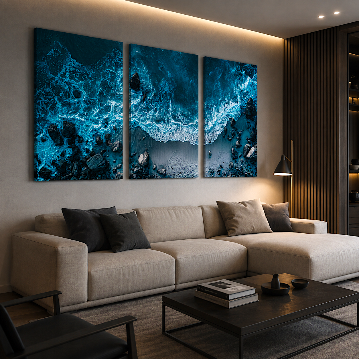 Teal ocean print styled in coastal decor wall living room setting