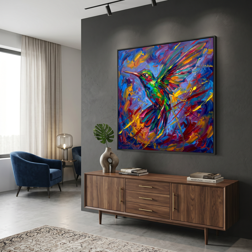 Hummingbird art print on deep blue wall — gold and emerald glow, expressive bird decor for dramatic interiors
