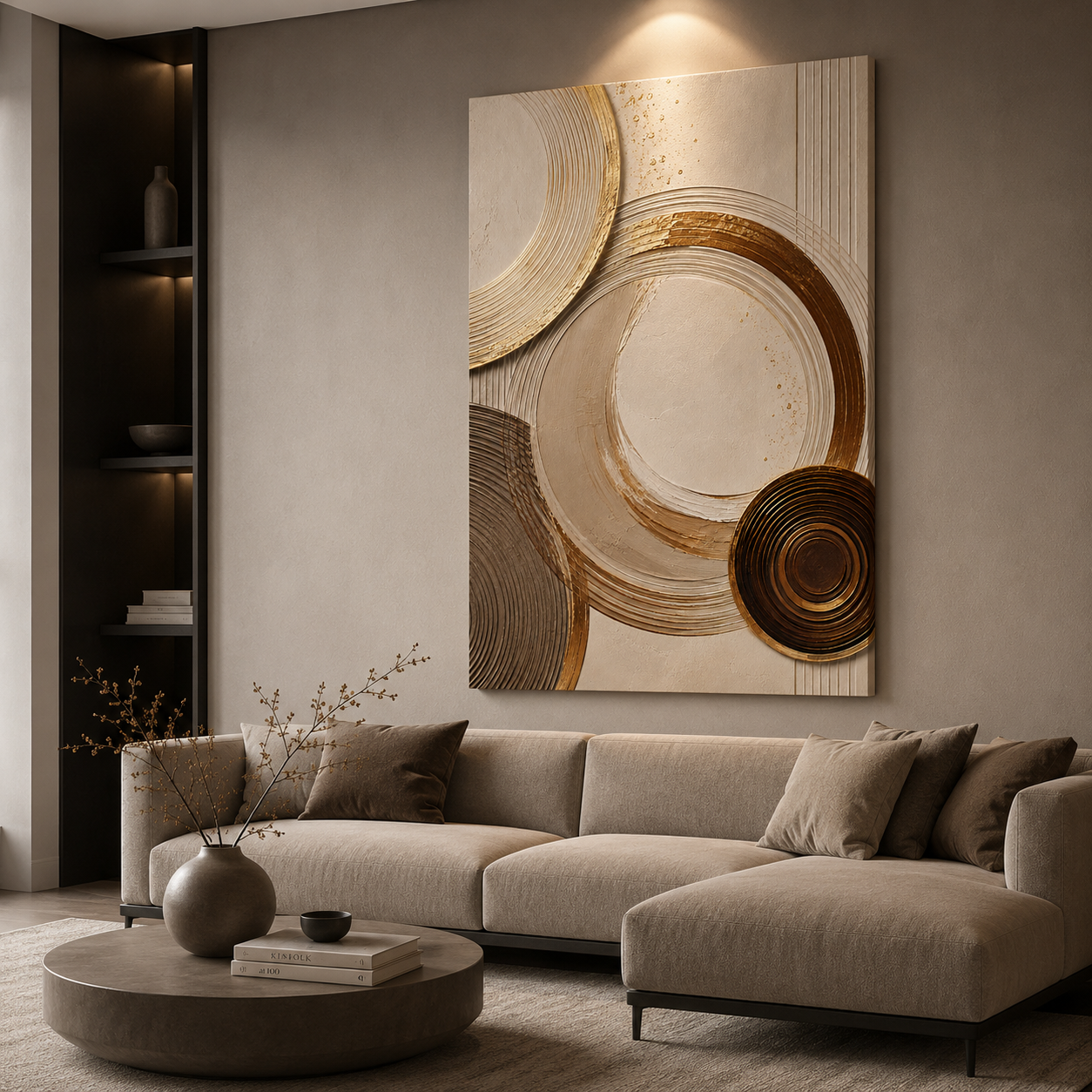 Gold circle wall art with warm bronze and cream abstract rings
