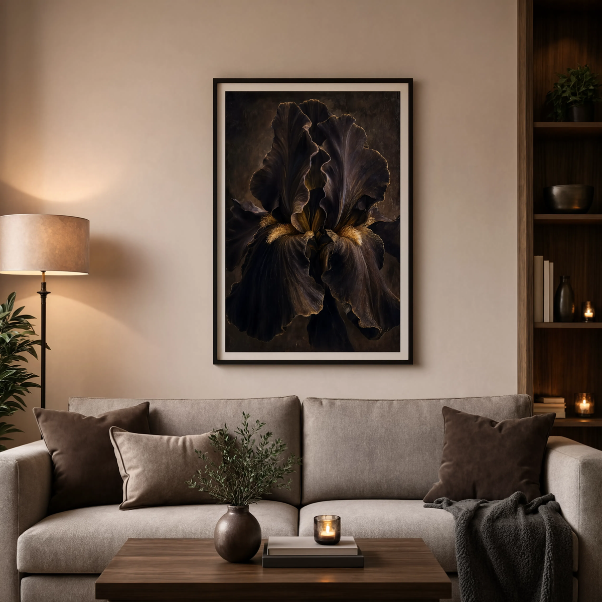 Chiaroscuro-style iris flower art inspired by classical still life painting