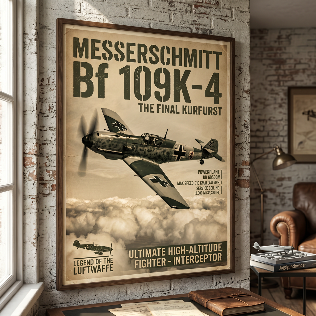 Messerschmitt Bf 109K-4 WWII poster — vintage Luftwaffe fighter plane art, sepia tones, ready to own your wall