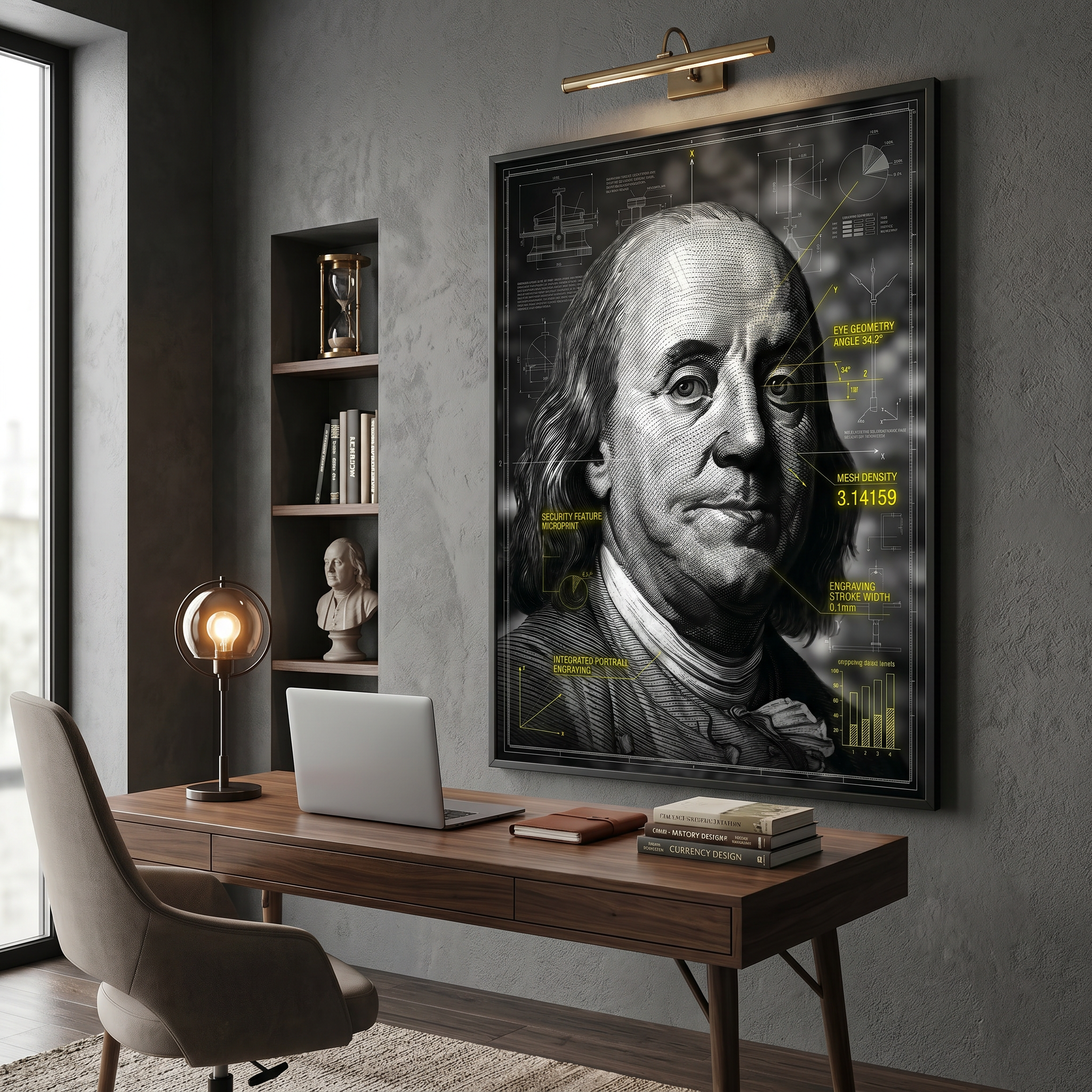 Blueprint Franklin print in man cave – dark academia office art, engraving portrait poster on grey wall