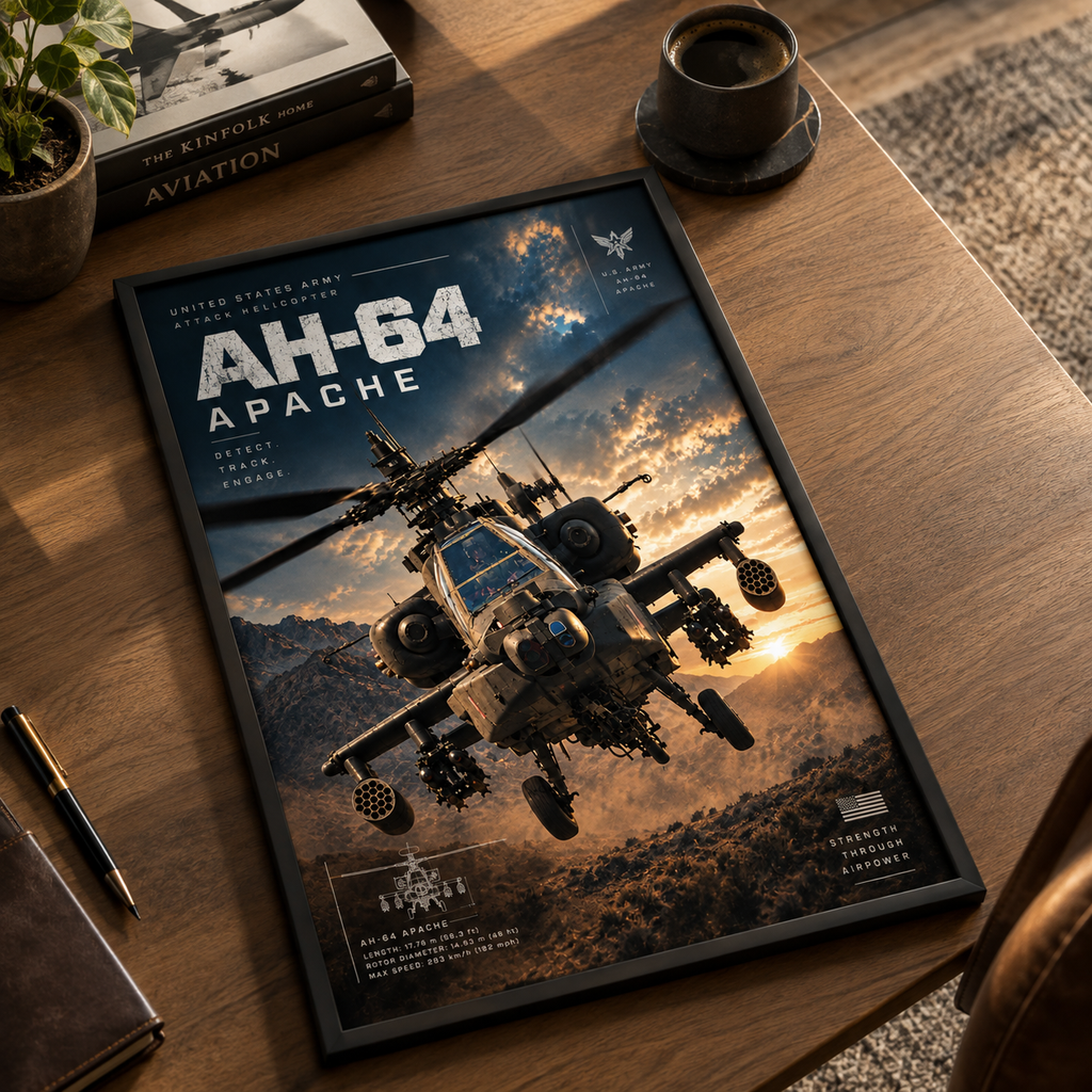 Apache helicopter wall art featuring US Army attack helicopter